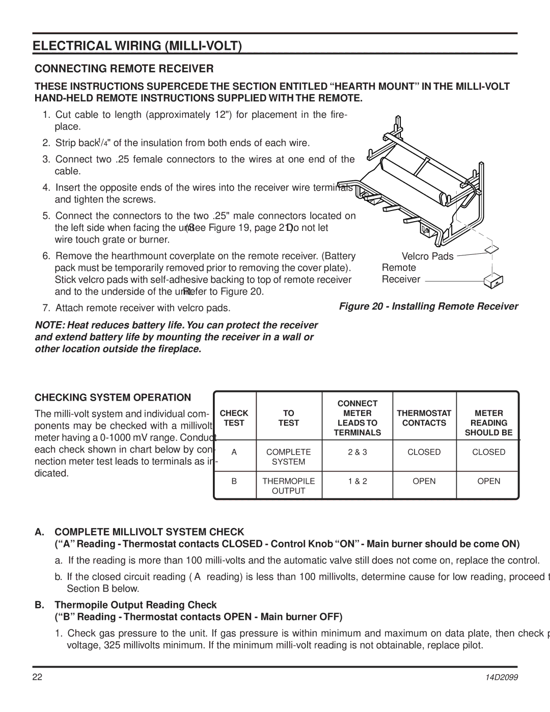 Monessen Hearth GLX18, GLX28, GLX24 Connecting Remote Receiver, Checking System Operation, Complete Millivolt System Check 