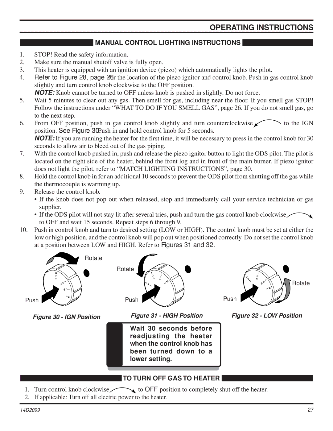 Monessen Hearth GLX18, GLX28, GLX24, DLX18, DLX28 Manual Control Lighting Instructions, To Turn OFF GAS to Heater 