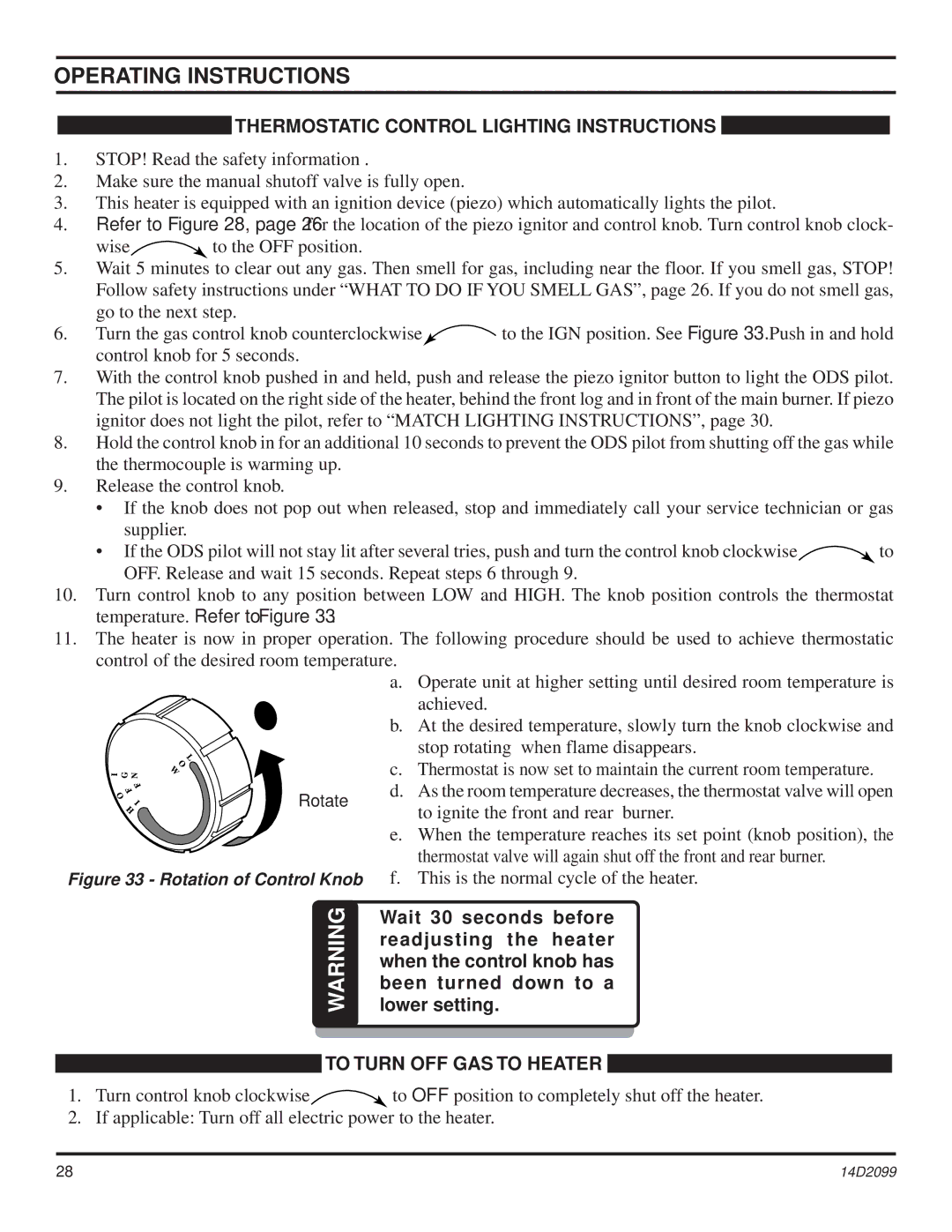 Monessen Hearth DLX18, GLX28, GLX24, GLX18, DLX28 Thermostatic Control Lighting Instructions, Rotation of Control Knob 