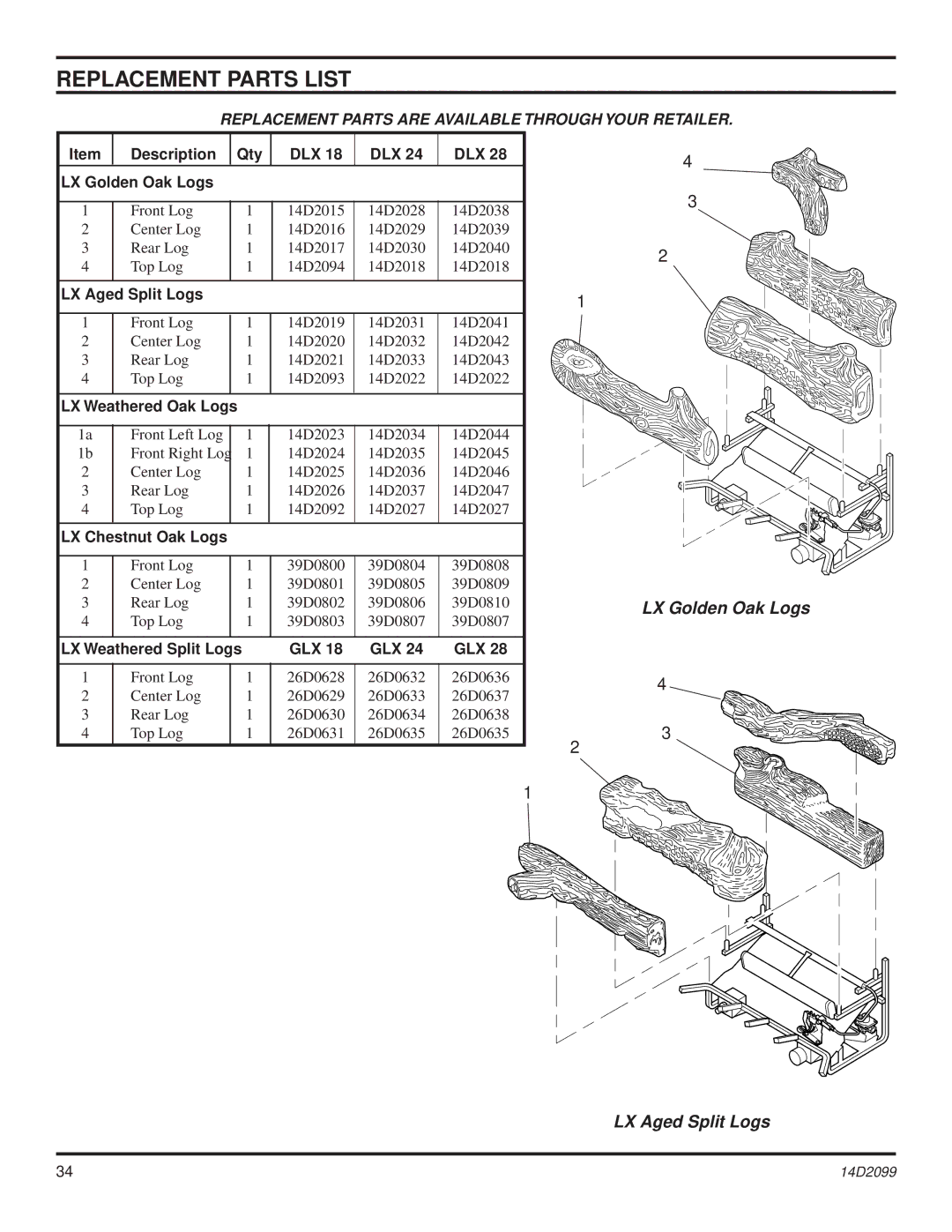 Monessen Hearth DLX28, GLX28, GLX24, GLX18, DLX18 operating instructions LX Golden Oak Logs LX Aged Split Logs 