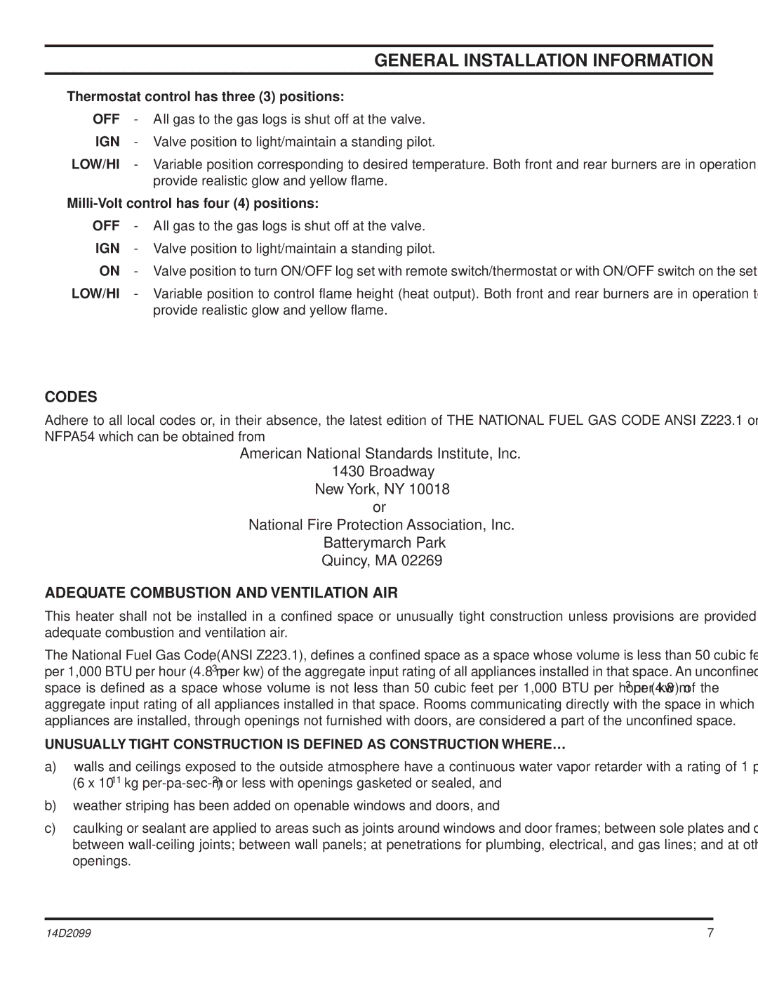 Monessen Hearth GLX18 General Installation Information, Codes, Adequate Combustion and Ventilation AIR, Off Ign Low/Hi 