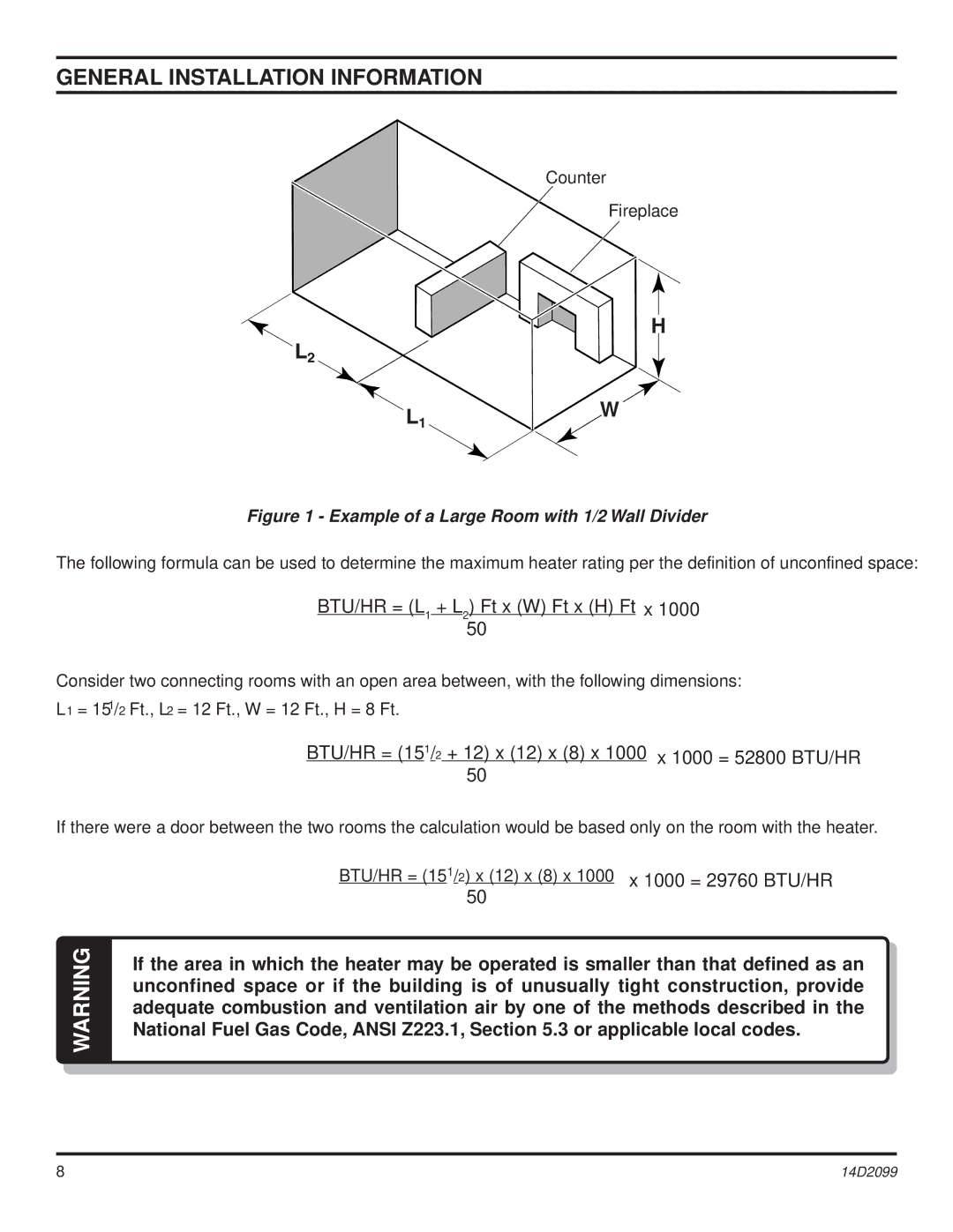 Monessen Hearth DLX18, GLX28, GLX24, GLX18, DLX28 operating instructions BTU/HR = L1 + L2 Ft x W Ft x H Ft x 