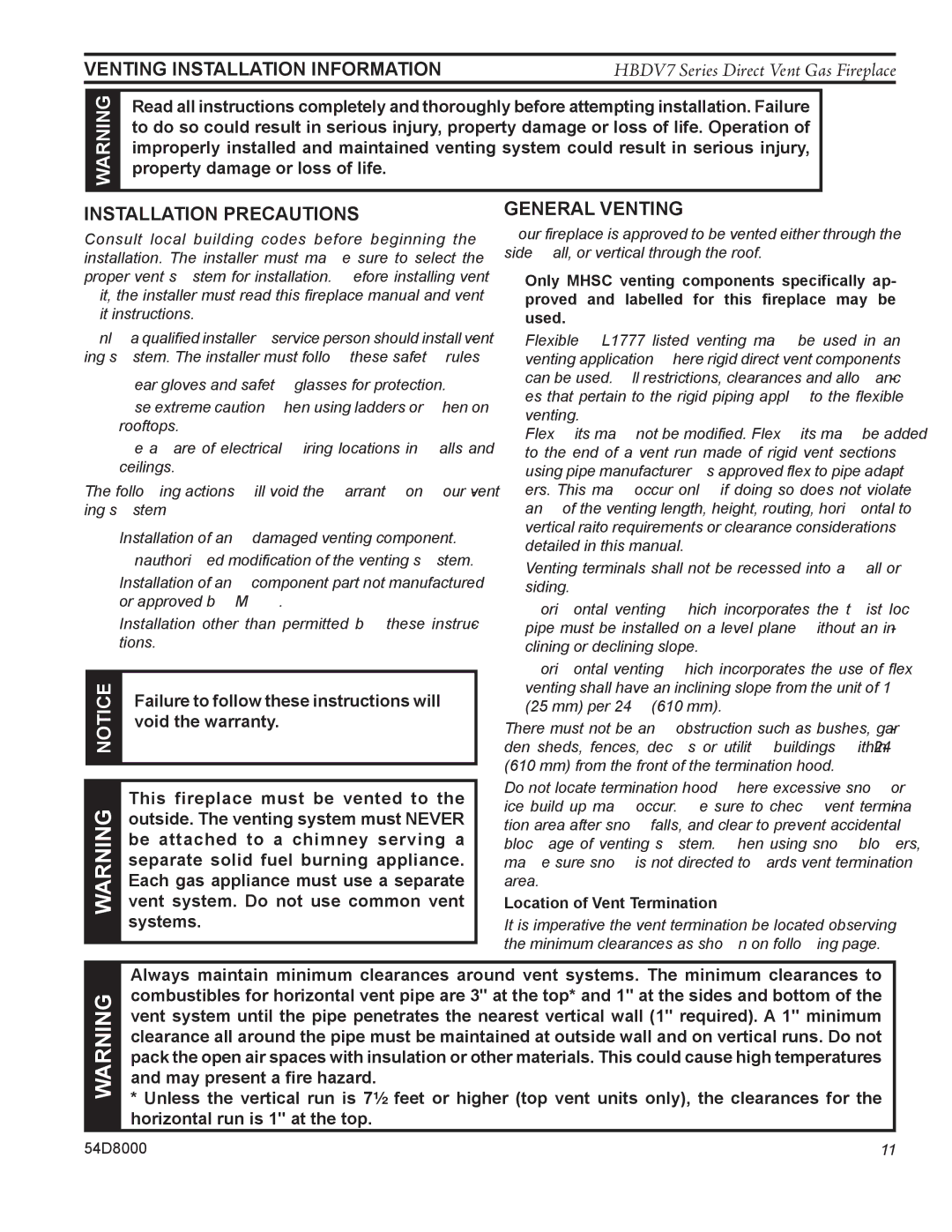 Monessen Hearth HBDV300N/PSC7, HBDV300N/PV7 Venting Installation Information, Installation precautions, General Venting 