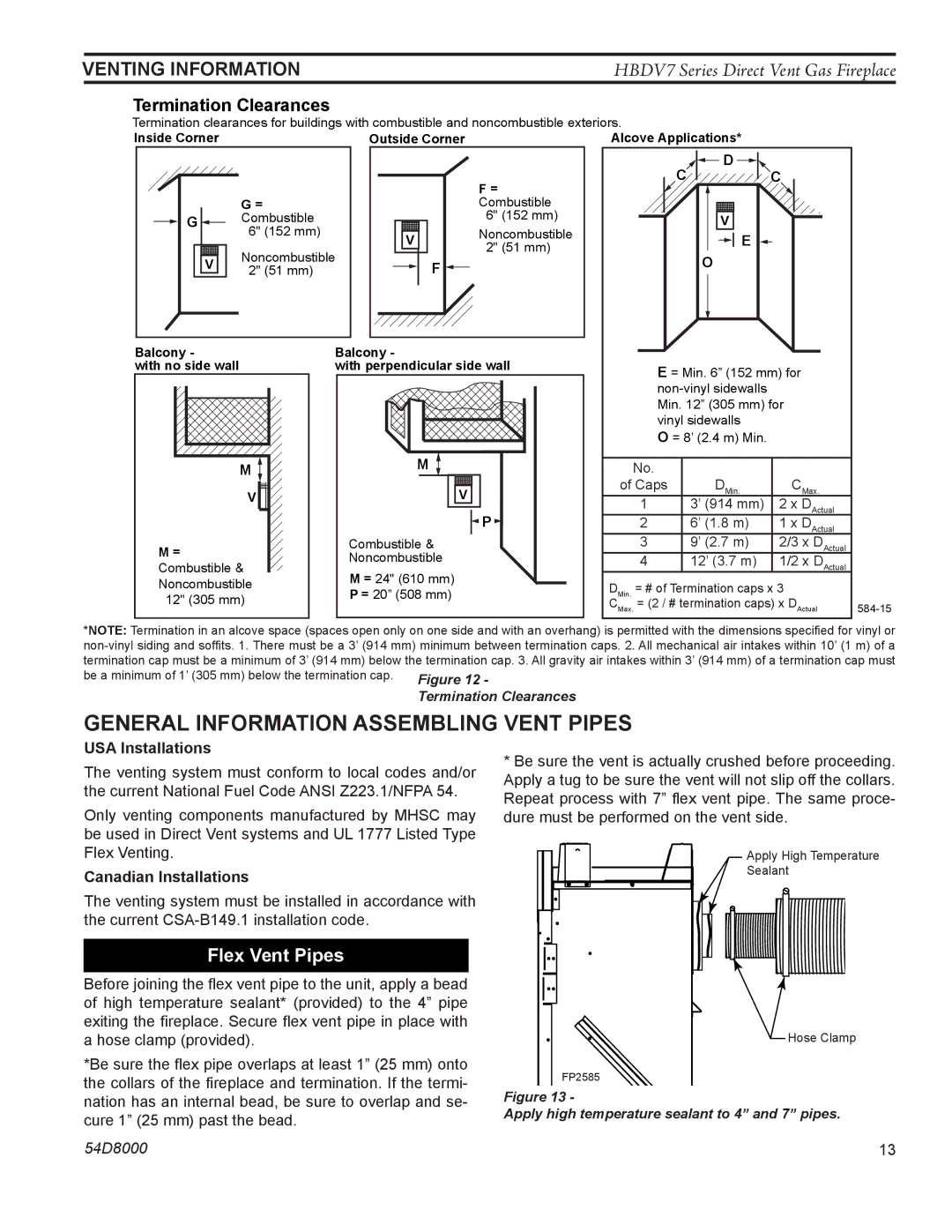 Monessen Hearth HBDV400N/PSC7, HBDV300N/PV7, HBDV400N/PV7 Termination Clearances, USA Installations, Canadian Installations 