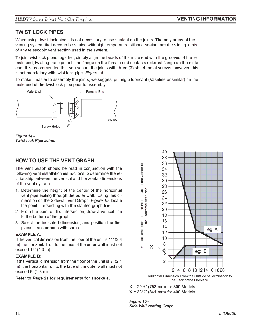 Monessen Hearth HBDV400N/PV7 Twist Lock Pipes, How to Use the Vent Graph, Refer to Page 21 for requirements for snorkels 