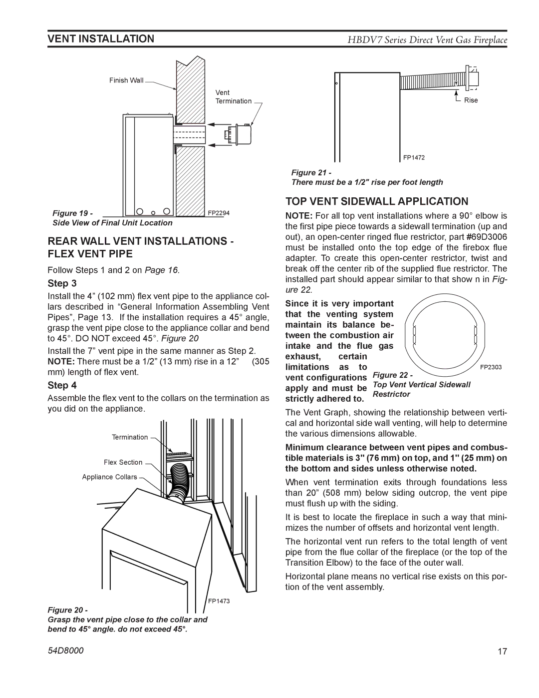 Monessen Hearth HBDV400N/PSC7, HBDV300N/PV7 Rear Wall Vent Installations Flex Vent Pipe, Top vent Sidewall Application 