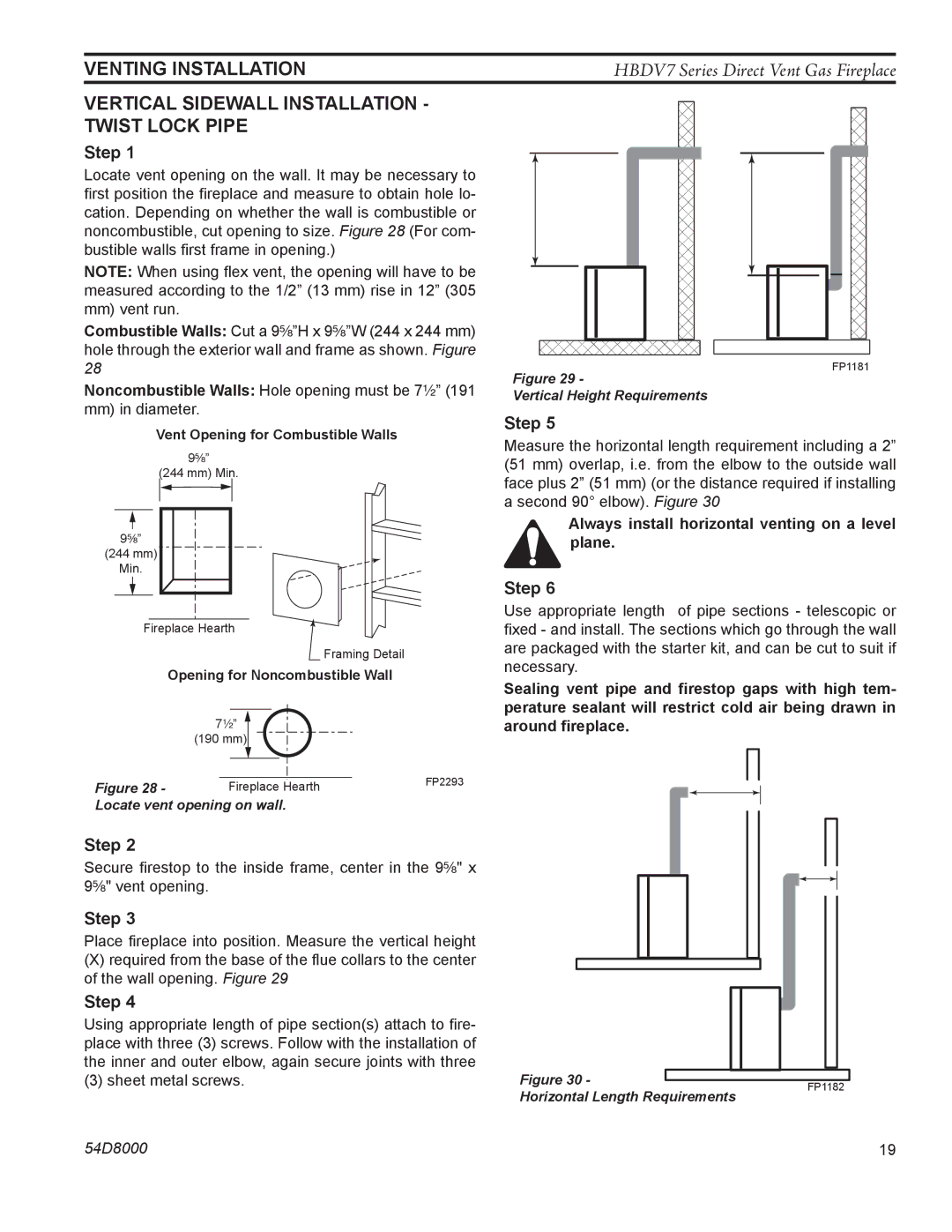 Monessen Hearth HBDV300N/PSC7, HBDV300N/PV7 manual Venting Installation, Vertical Sidewall Installation Twist Lock Pipe 