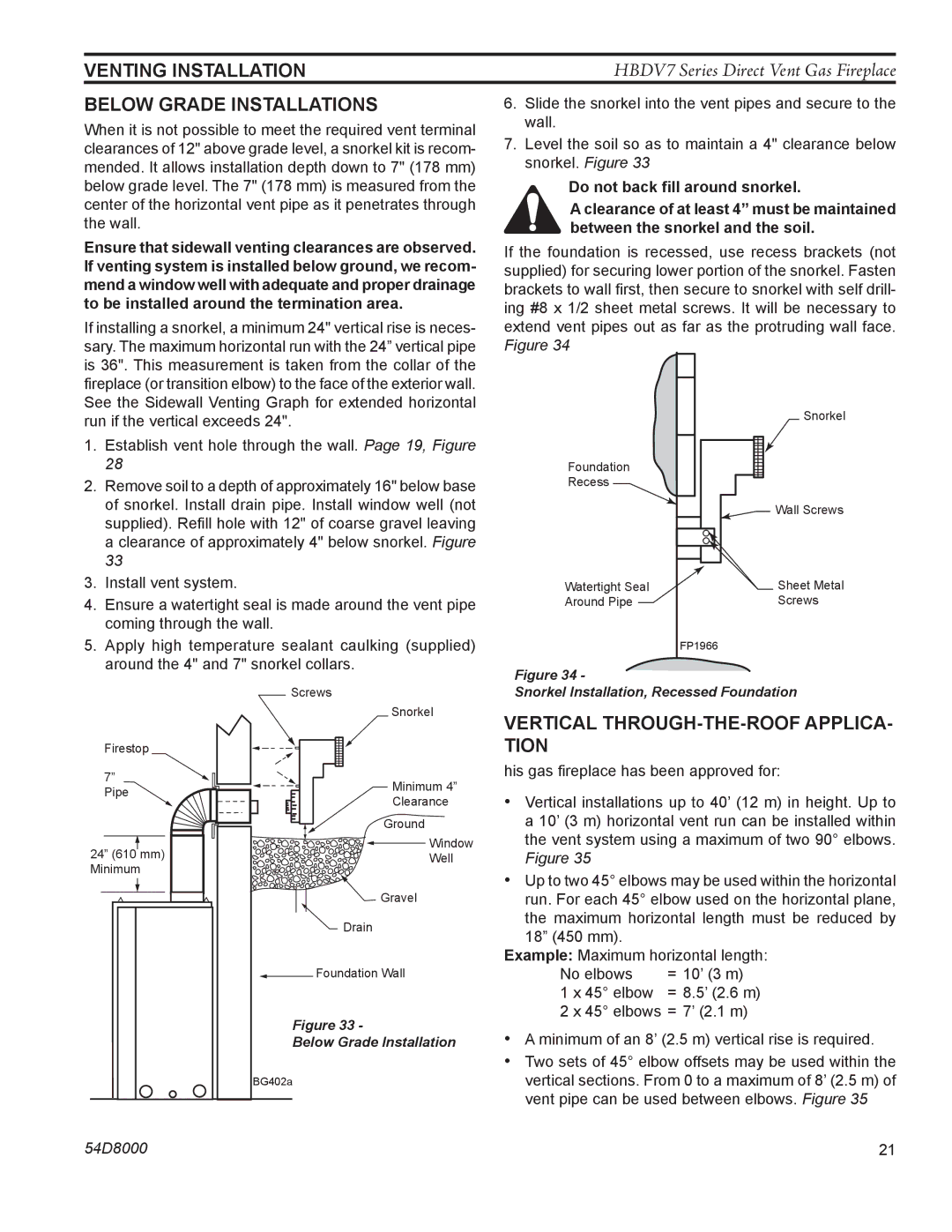 Monessen Hearth HBDV400N/PSC7, HBDV300N/PV7 manual Below Grade Installations, Vertical THROUGH-THE-ROOF APPLICA- Tion 