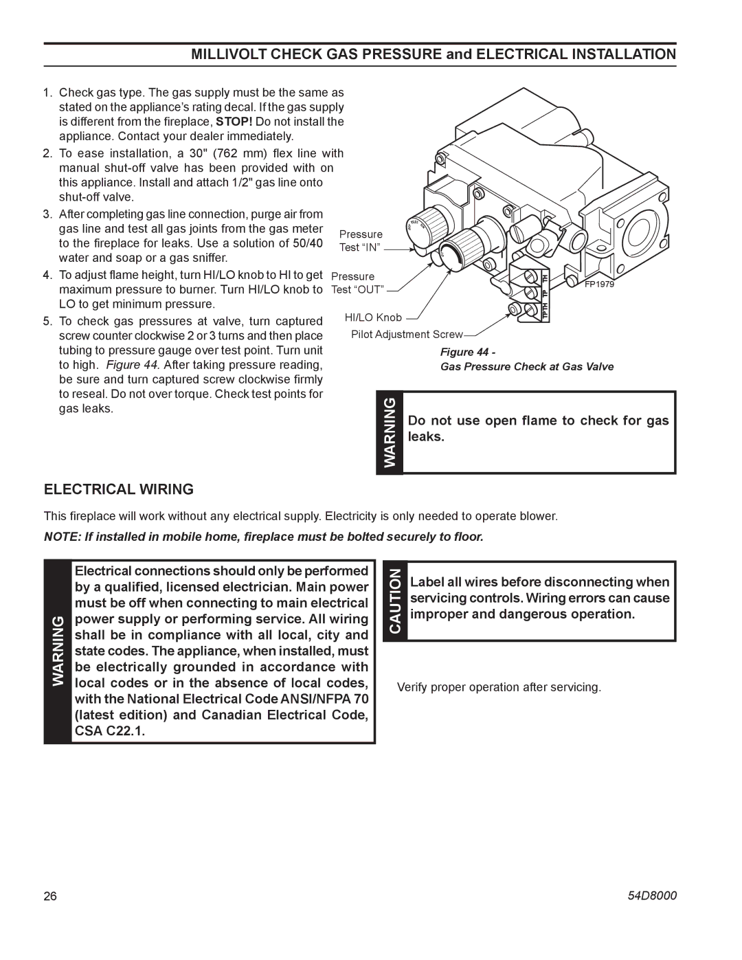 Monessen Hearth HBDV400N/PV7 manual Millivolt Check GAS Pressure and Electrical installation, Electrical Wiring, Leaks 