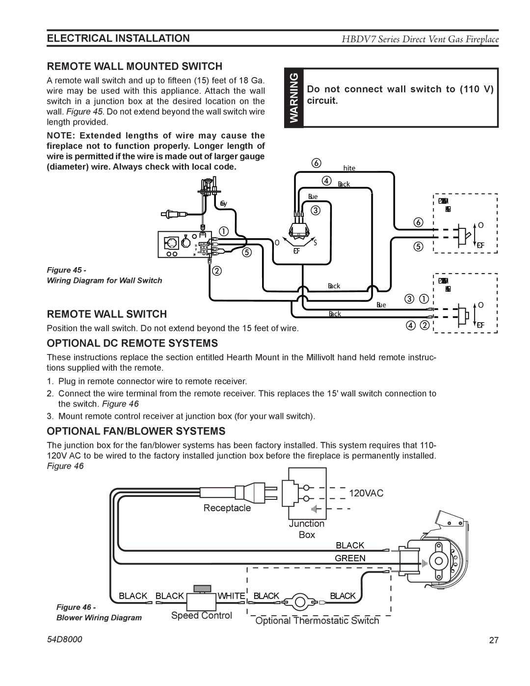 Monessen Hearth HBDV300N/PSC7, HBDV300N/PV7 manual Electrical Installation, Remote Wall mounted Switch, Remote Wall Switch 