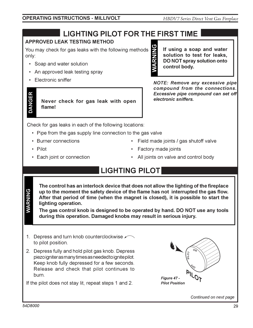 Monessen Hearth HBDV400N/PSC7, HBDV300N/PV7 manual Operating Instructions Millivolt, Approved leak testing method, Flame 