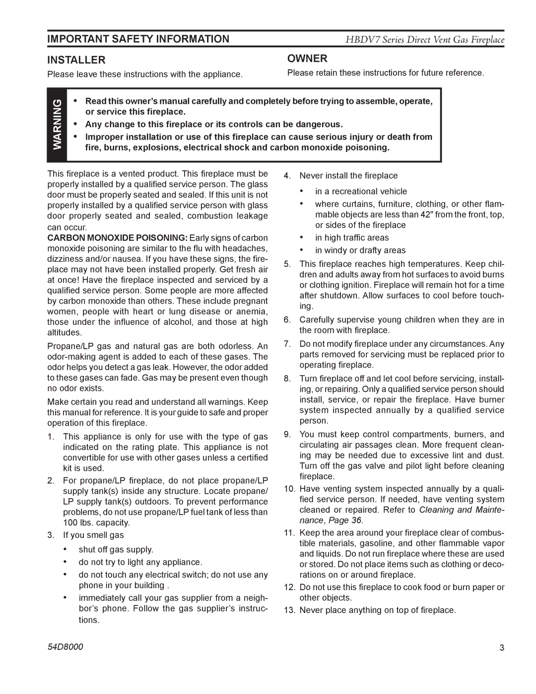 Monessen Hearth HBDV300N/PSC7, HBDV300N/PV7, HBDV400N/PSC7, HBDV400N/PV7 manual Important Safety Information, Installer, Owner 