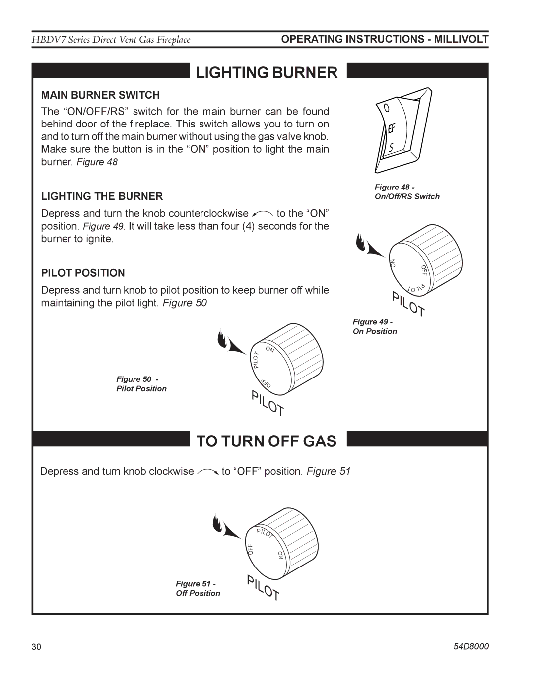 Monessen Hearth HBDV400N/PV7, HBDV300N/PV7, HBDV400N/PSC7 manual Main burner switch, Lighting the burner, Pilot position 