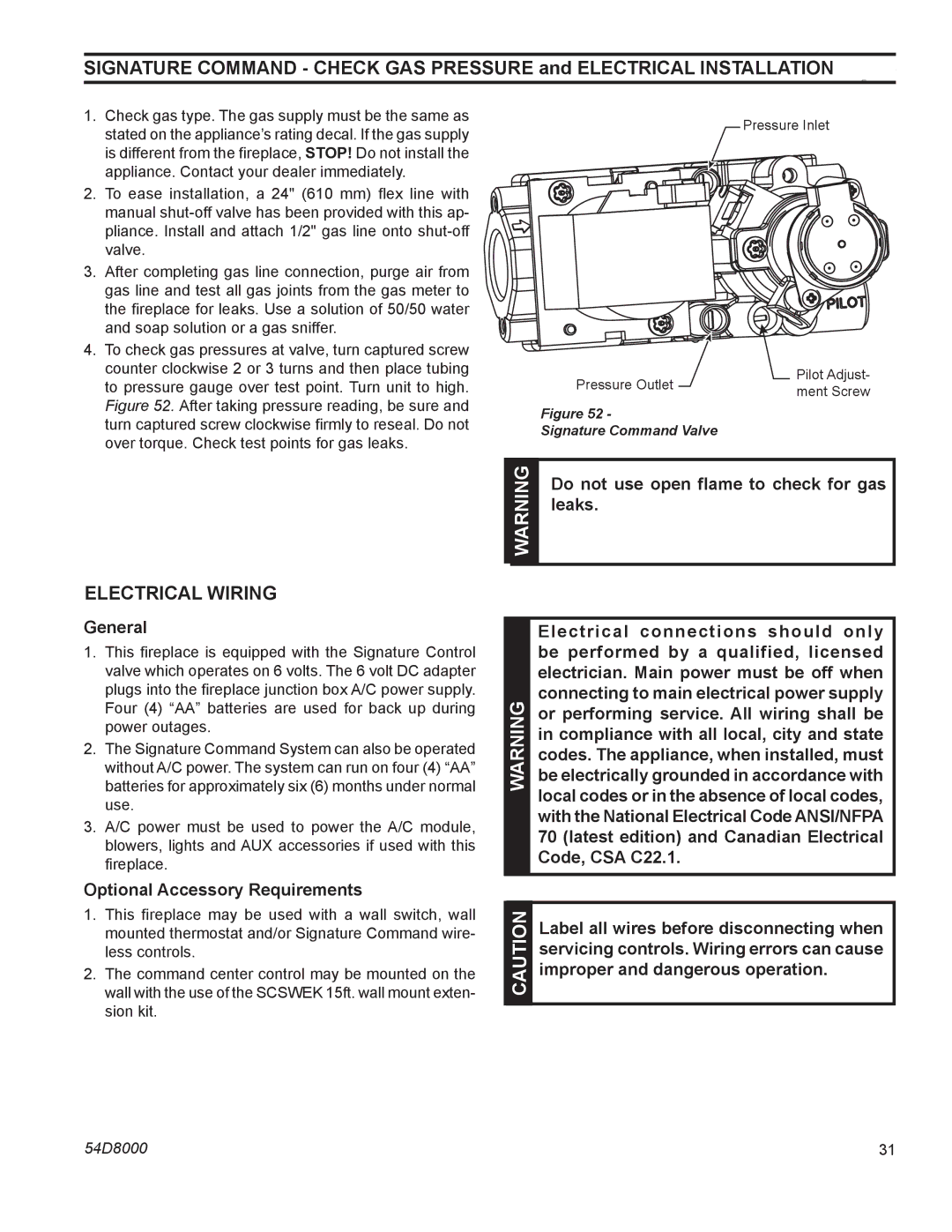 Monessen Hearth HBDV300N/PSC7, HBDV300N/PV7 General, Optional Accessory Requirements, Electrical connections should only 