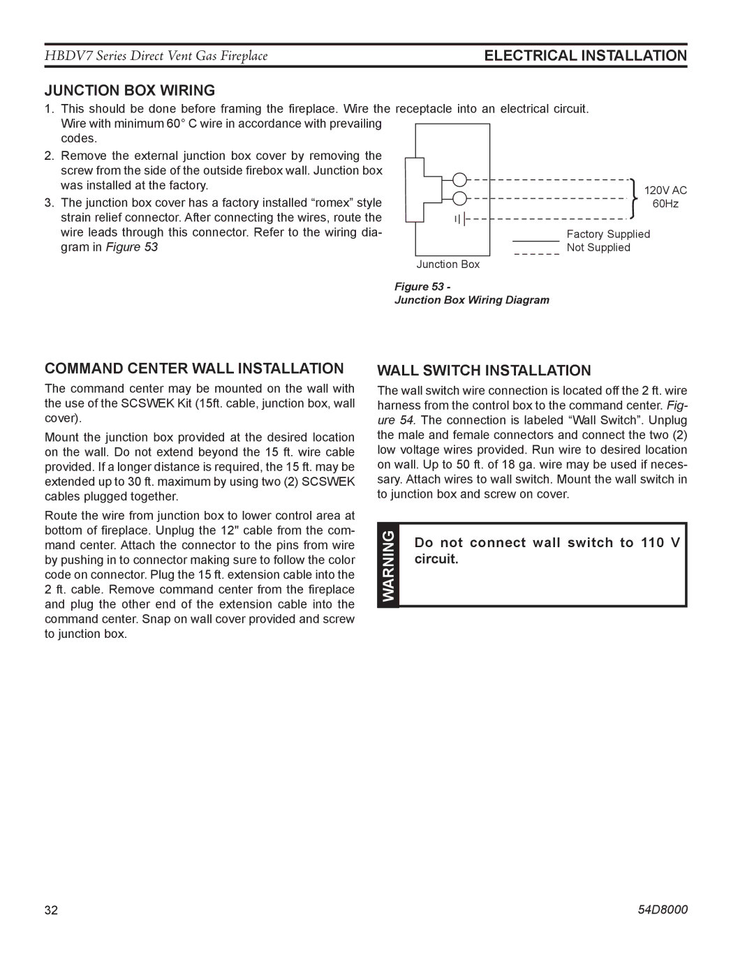 Monessen Hearth HBDV300N/PV7, HBDV400N/PV7 Junction BOX Wiring, Command Center Wall Installation, Wall Switch Installation 