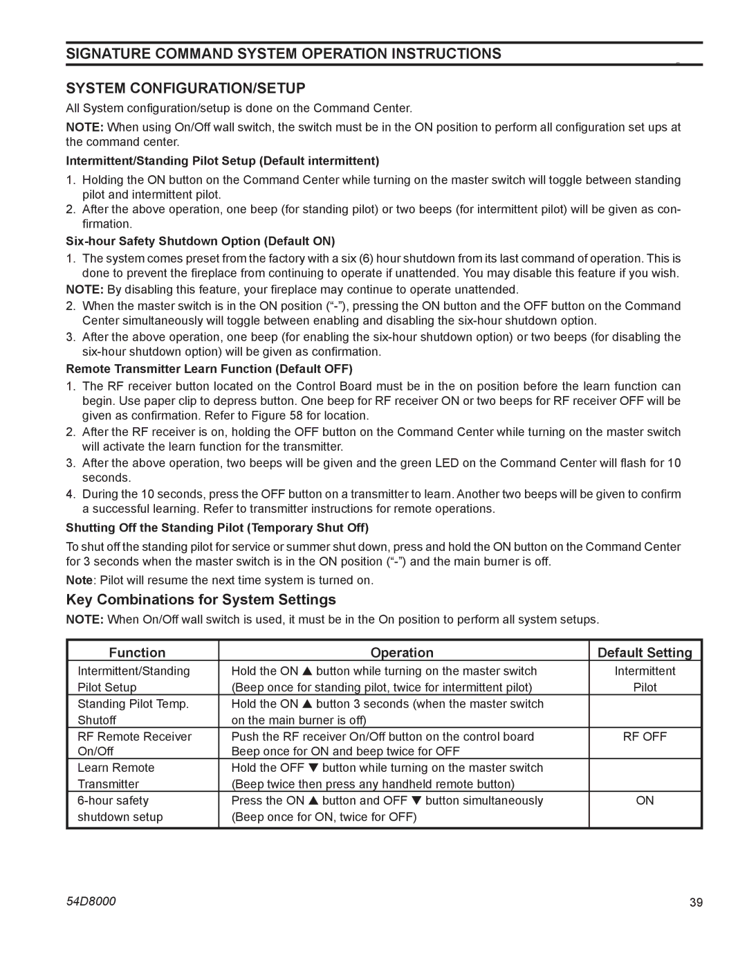 Monessen Hearth HBDV300N/PSC7, HBDV300N/PV7 manual Key Combinations for System Settings, Function Operation Default Setting 