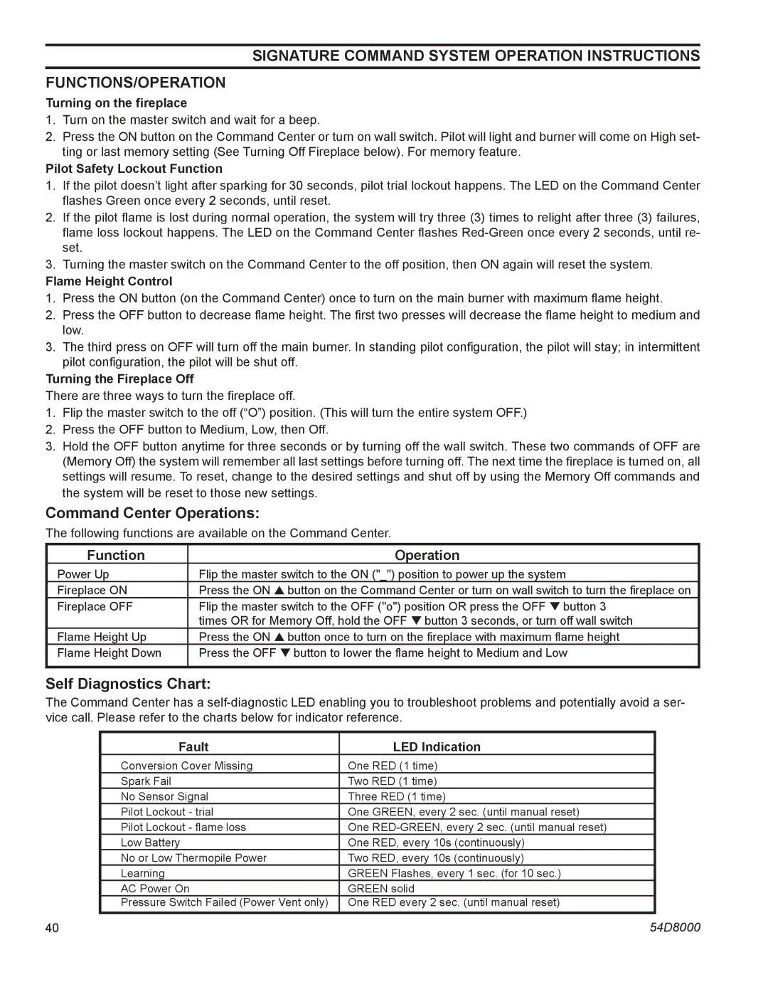 Monessen Hearth HBDV300N/PV7 Functions/Operation, Command Center Operations, Self Diagnostics Chart, Function Operation 