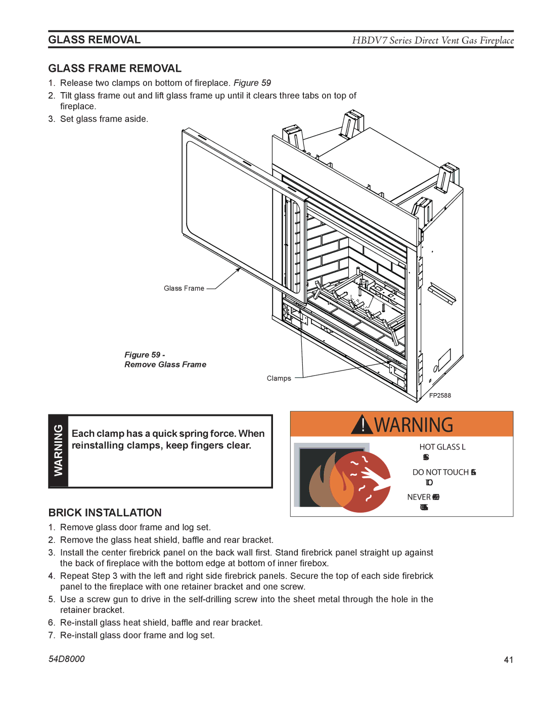 Monessen Hearth HBDV400N/PSC7, HBDV300N/PV7, HBDV400N/PV7 manual Glass Removal, Glass Frame Removal, Brick installation 