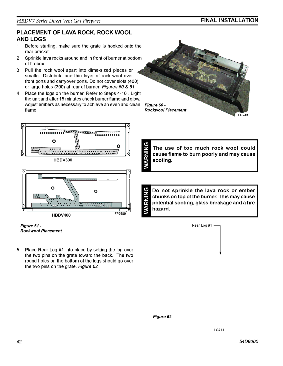 Monessen Hearth HBDV400N/PV7 Placement of Lava ROCK, Rock Wool and Logs, Do not sprinkle the lava rock or ember, Hazard 