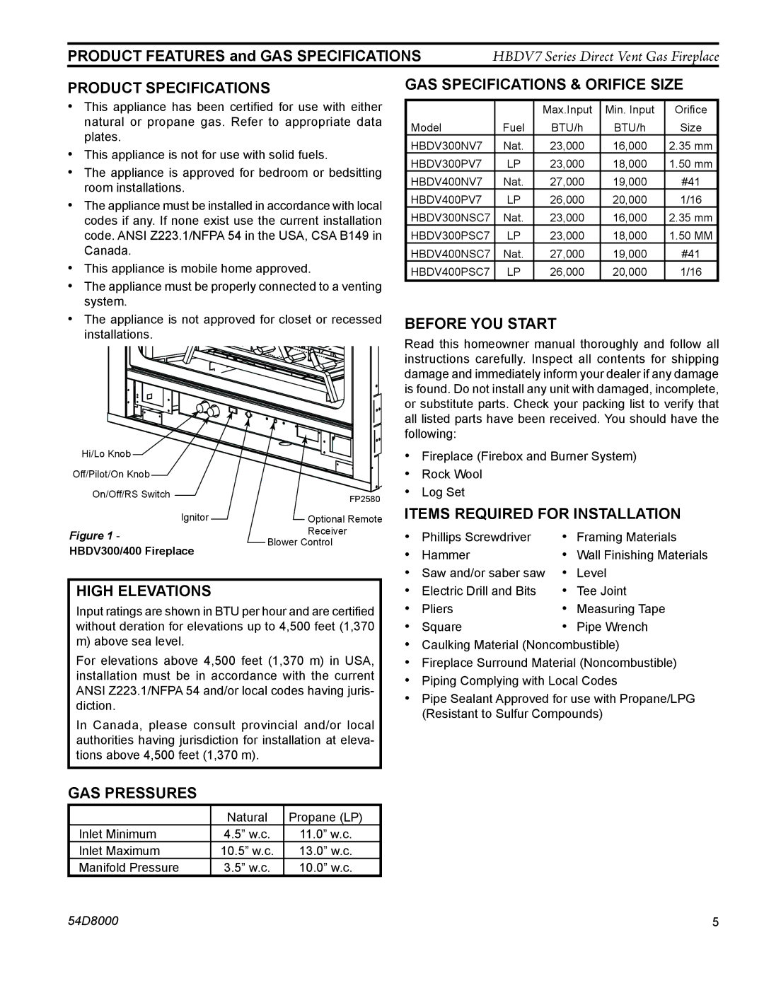 Monessen Hearth HBDV400N/PSC7, HBDV300N/PV7, HBDV400N/PV7, HBDV300N/PSC7 manual Product Specifications, High Elevations 