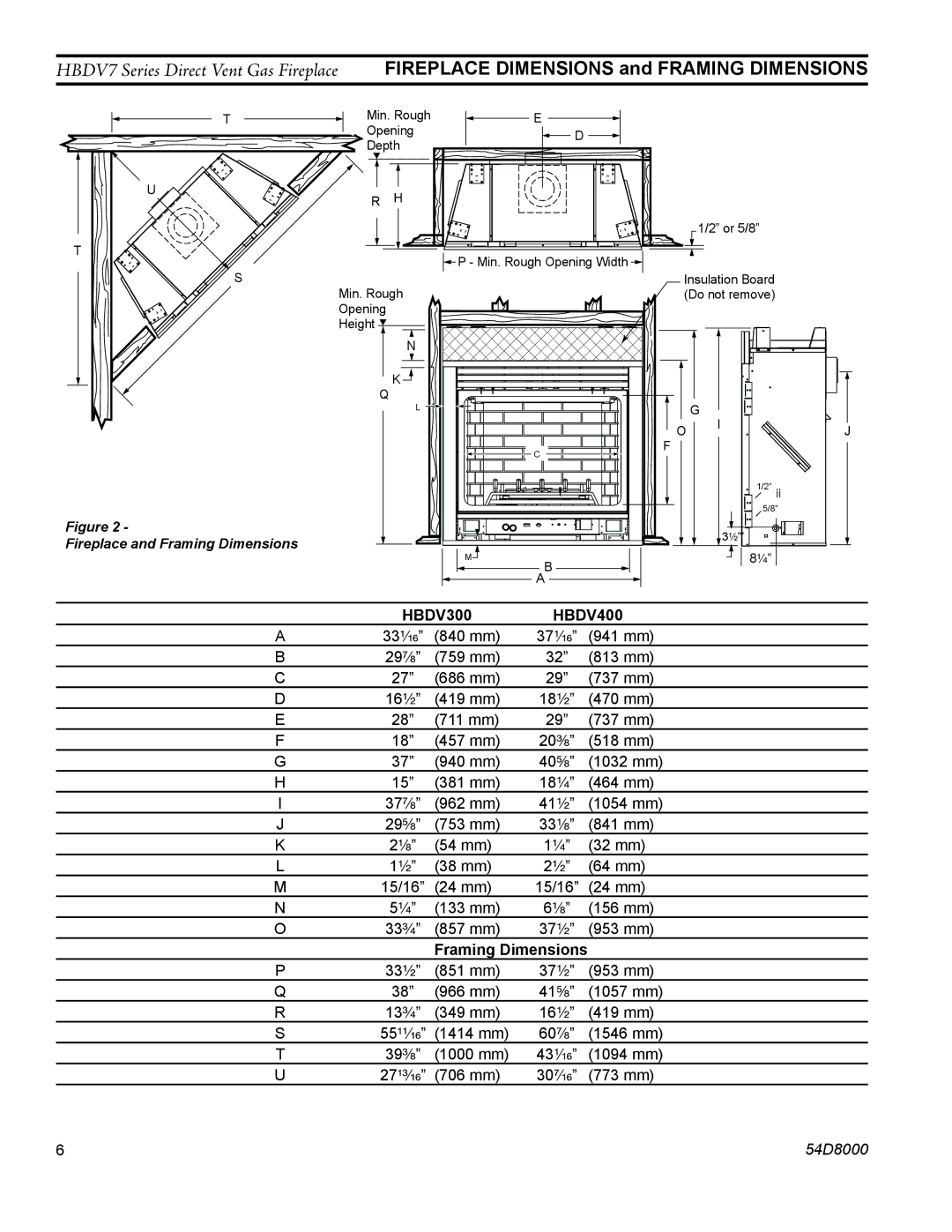 Monessen Hearth HBDV400N/PV7, HBDV300N/PV7, HBDV400N/PSC7, HBDV300N/PSC7 manual HBDV300 HBDV400, Framing Dimensions 