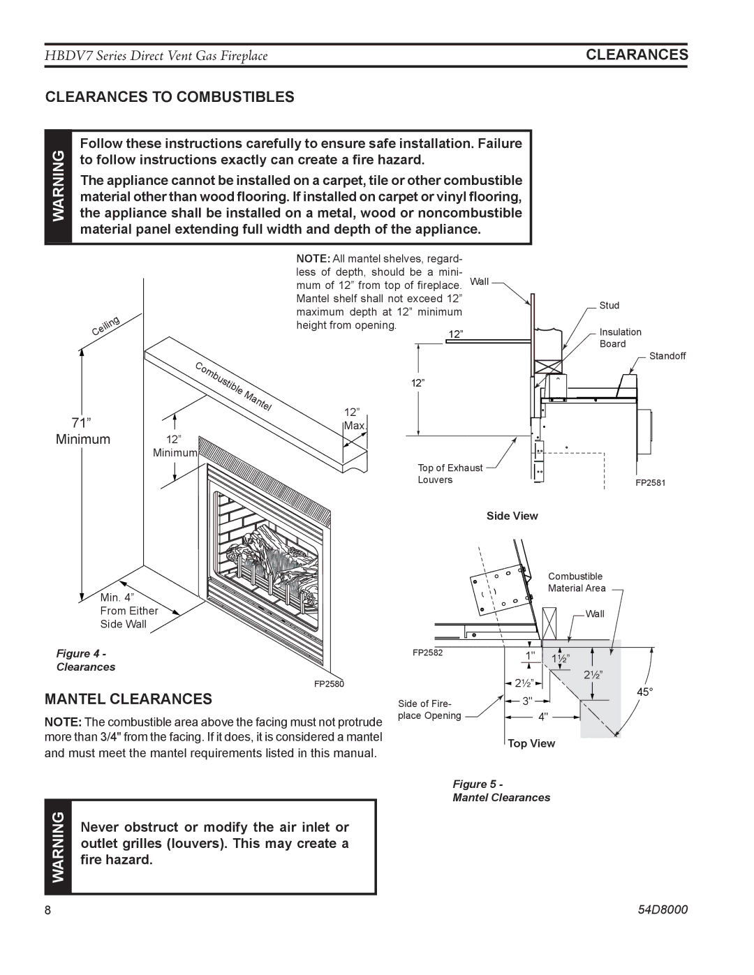 Monessen Hearth HBDV300N/PV7 Clearances to combustibles, Mantel Clearances, Never obstruct or modify the air inlet or 