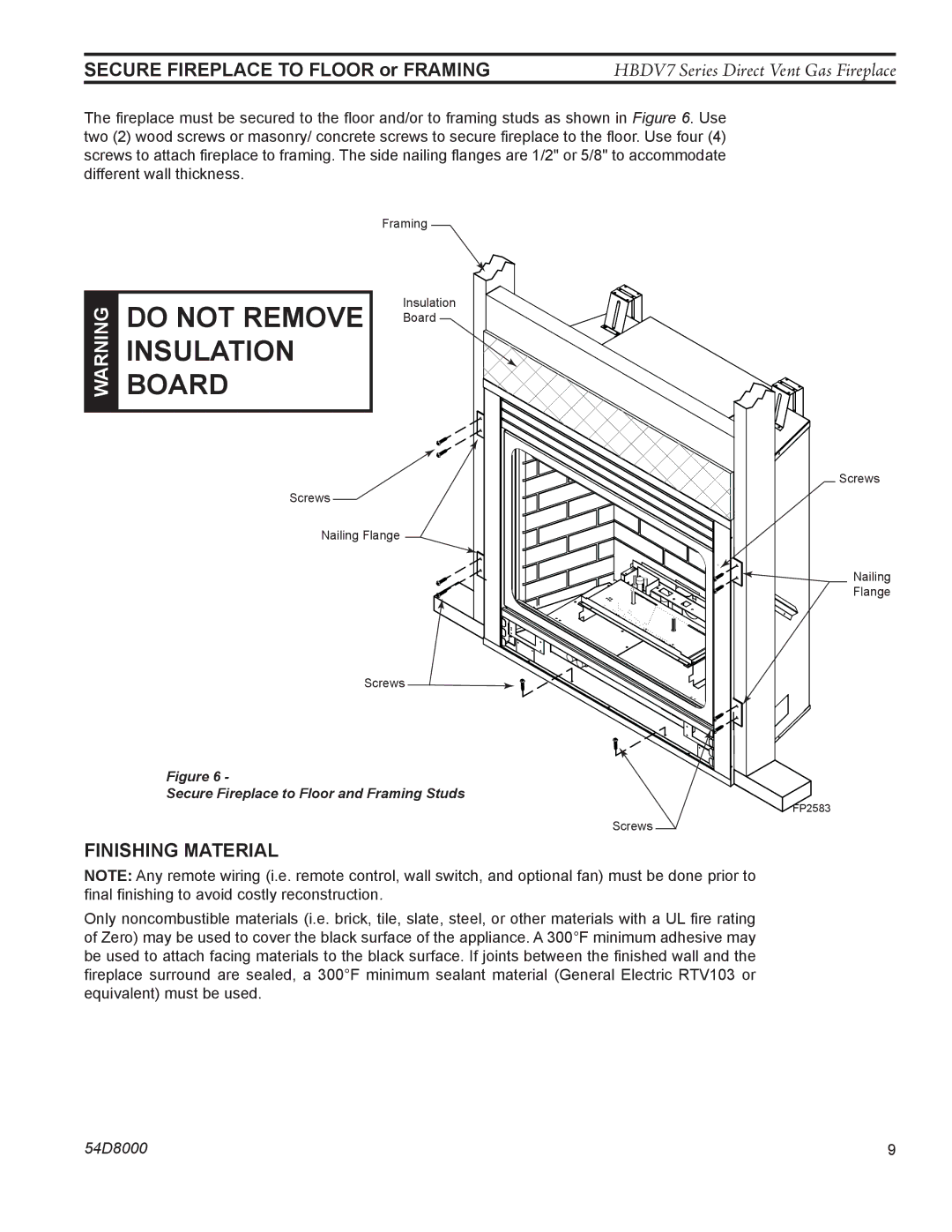 Monessen Hearth HBDV400N/PSC7, HBDV300N/PV7, HBDV400N/PV7 manual Secure Fireplace to Floor or Framing, Finishing Material 