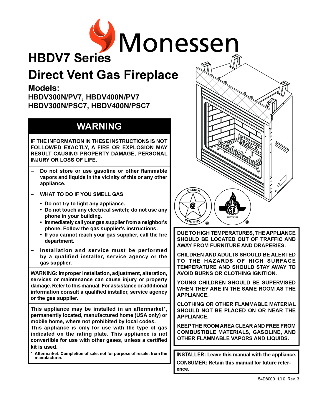 Monessen Hearth HBDV400N/PSC7 manual HBDV7 Series Direct Vent Gas Fireplace, Models, What To Do If You Smell Gas 