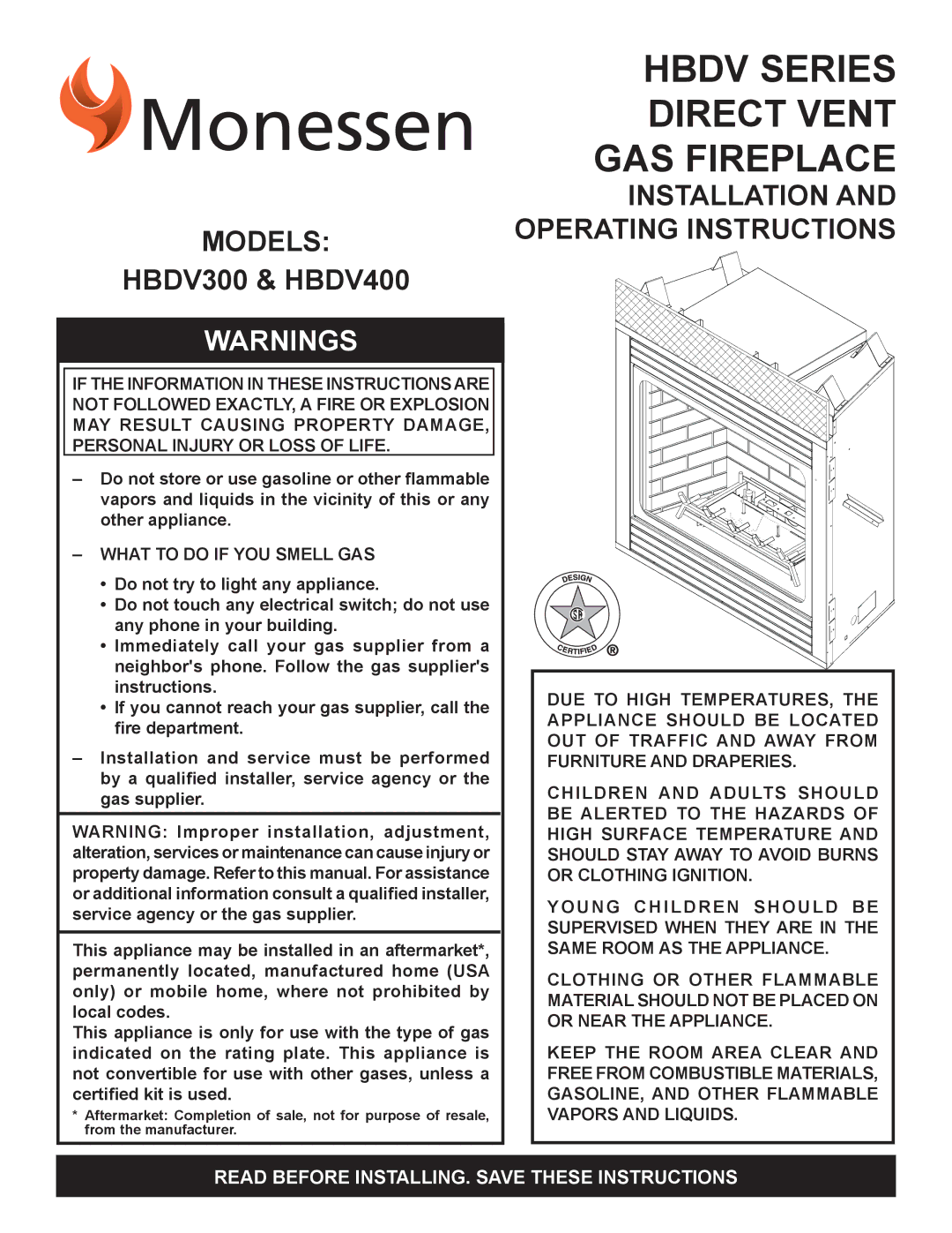 Monessen Hearth HBDV300, HBDV400 manual Models, What to do if YOU Smell GAS 