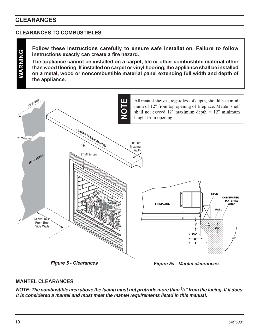 Monessen Hearth HBDV400, HBDV300 manual Clearances to Combustibles, Mantel Clearances 