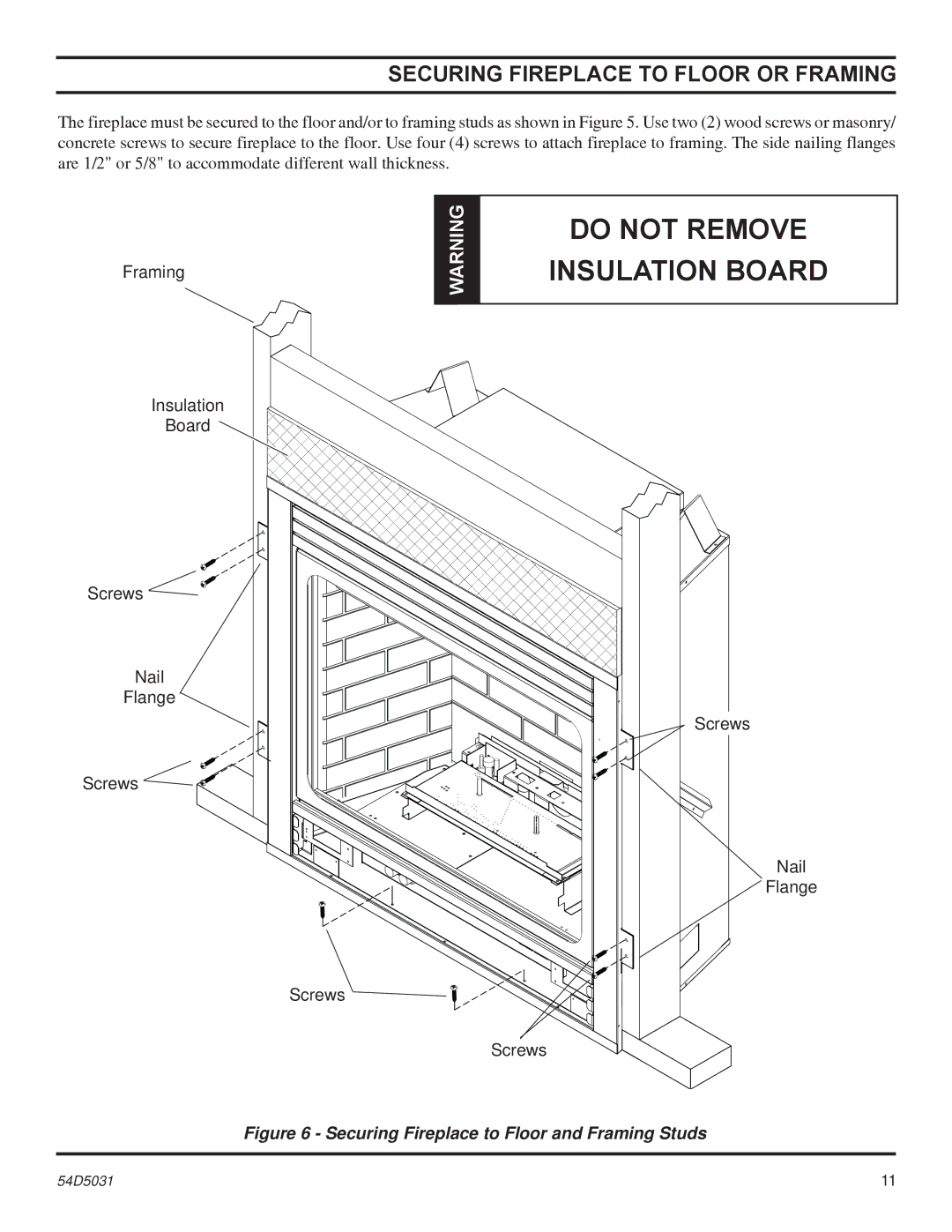 Monessen Hearth HBDV300, HBDV400 manual Insulation Board, Securing Fireplace to Floor or Framing 