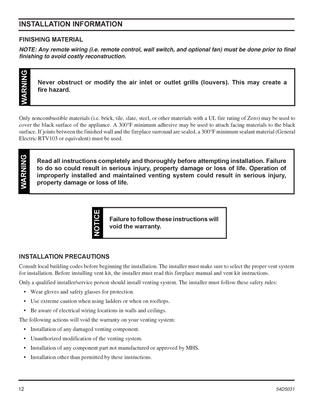 Monessen Hearth HBDV400, HBDV300 manual Installation Information, Finishing Material, Installation Precautions 