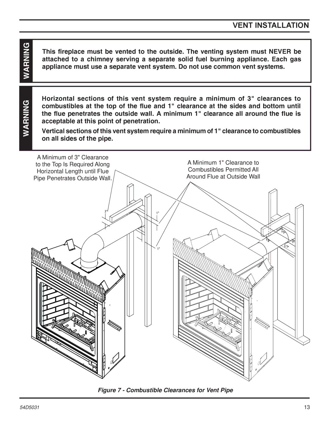 Monessen Hearth HBDV300, HBDV400 manual Vent Installation, Combustible Clearances for Vent Pipe 