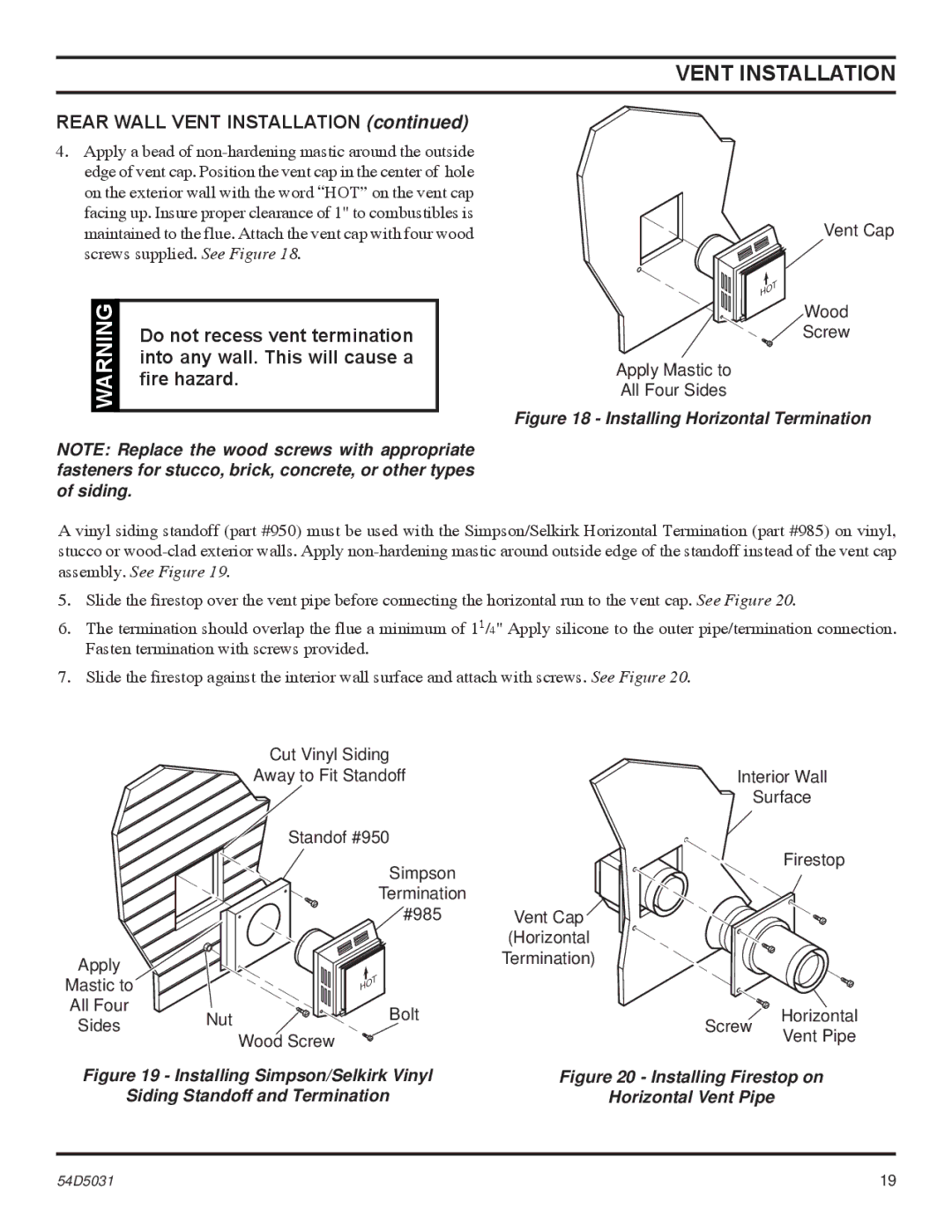 Monessen Hearth HBDV300 Rear Wall Vent Installation, Do not recess vent termination, Into any wall. This will cause a 