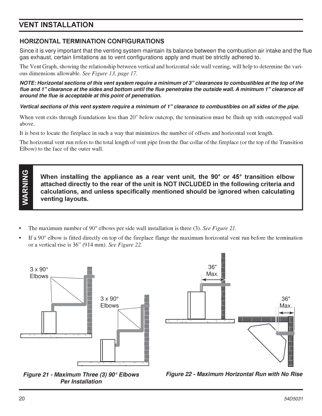 Monessen Hearth HBDV400, HBDV300 manual Horizontal Termination Configurations, Maximum Three 3 90 Elbows Per Installation 