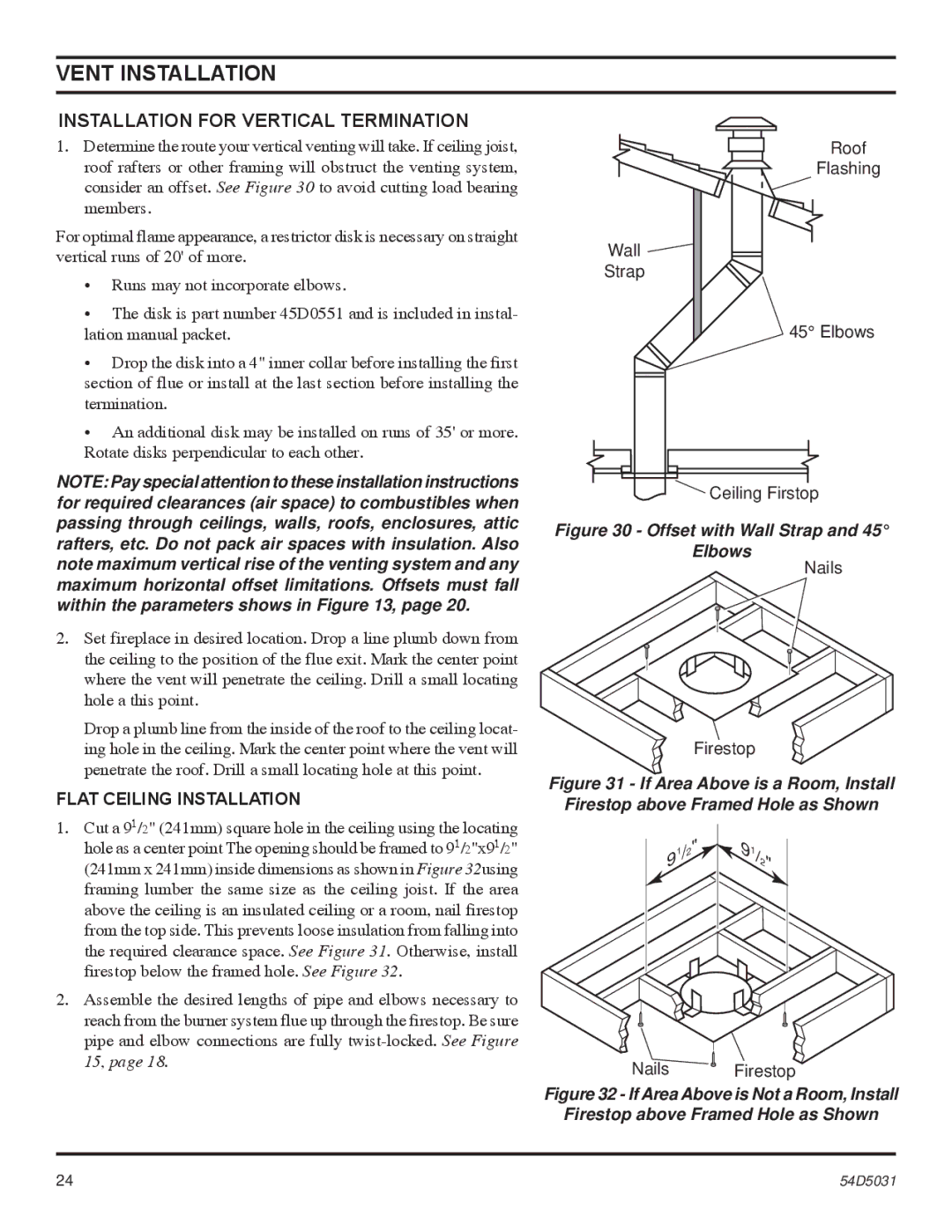 Monessen Hearth HBDV400, HBDV300 manual Installation for Vertical Termination, Flat Ceiling Installation 