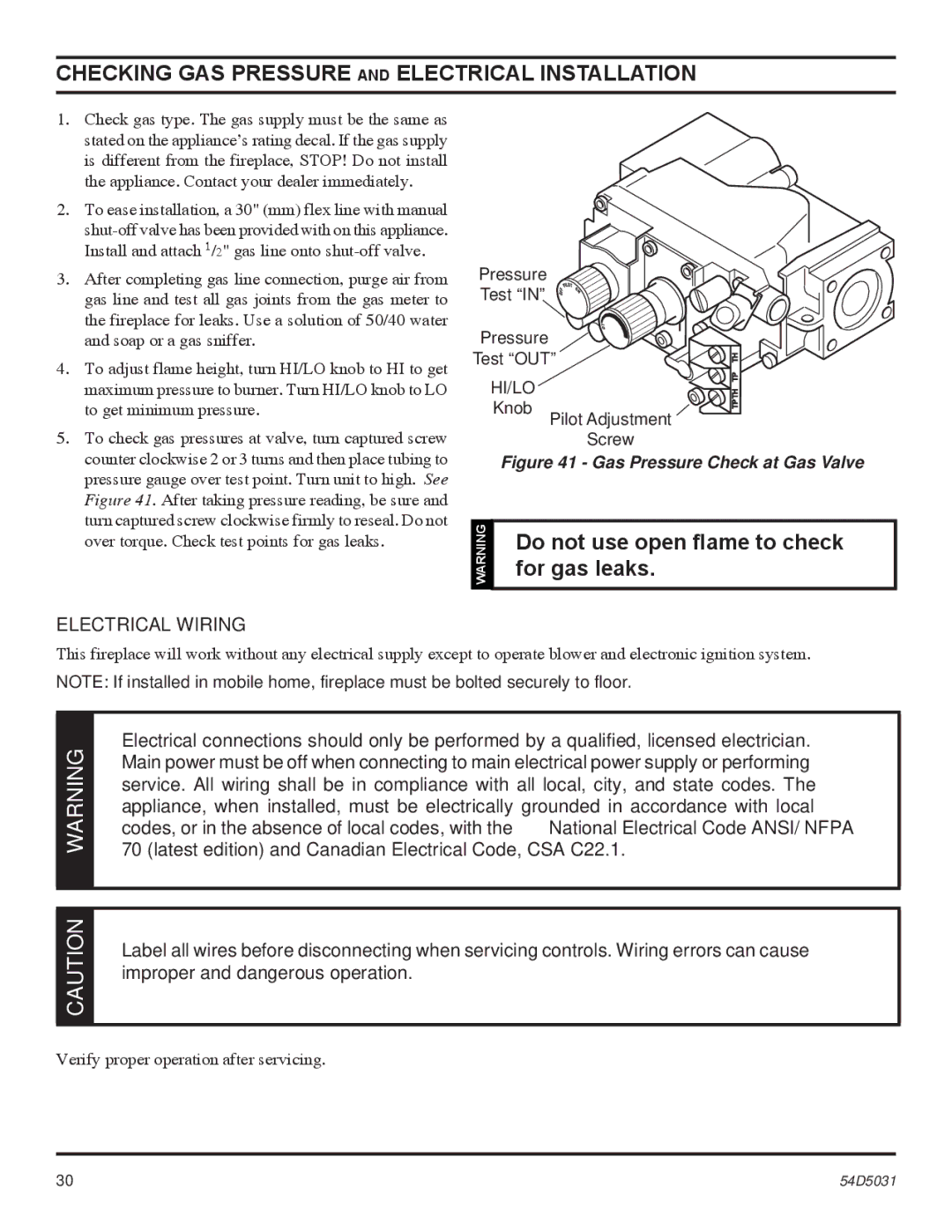 Monessen Hearth HBDV400, HBDV300 manual Checking GAS Pressure and Electrical Installation, Do not use open ﬂame to check 