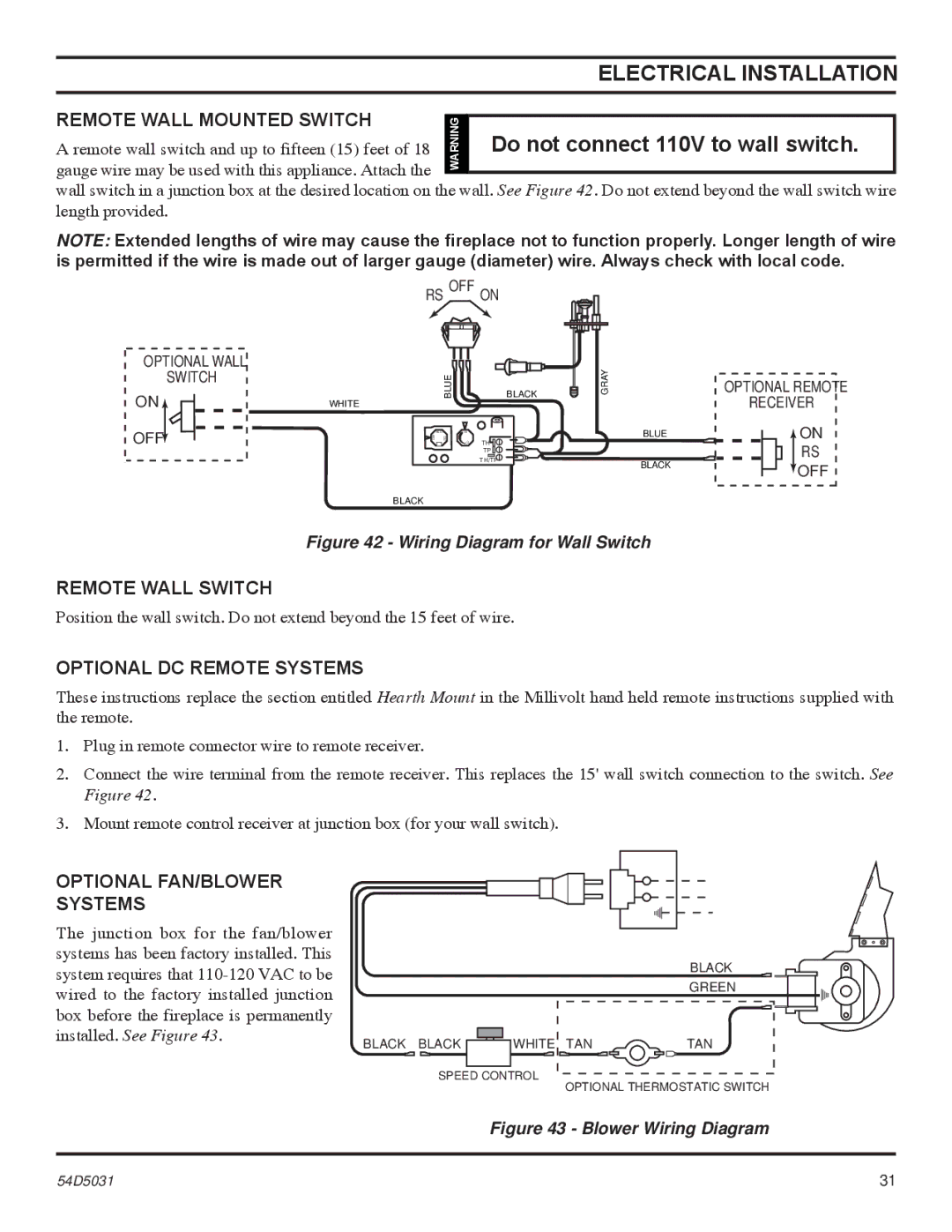 Monessen Hearth HBDV300, HBDV400 manual Electrical Installation, Remote Wall Mounted Switch, Remote Wall Switch 