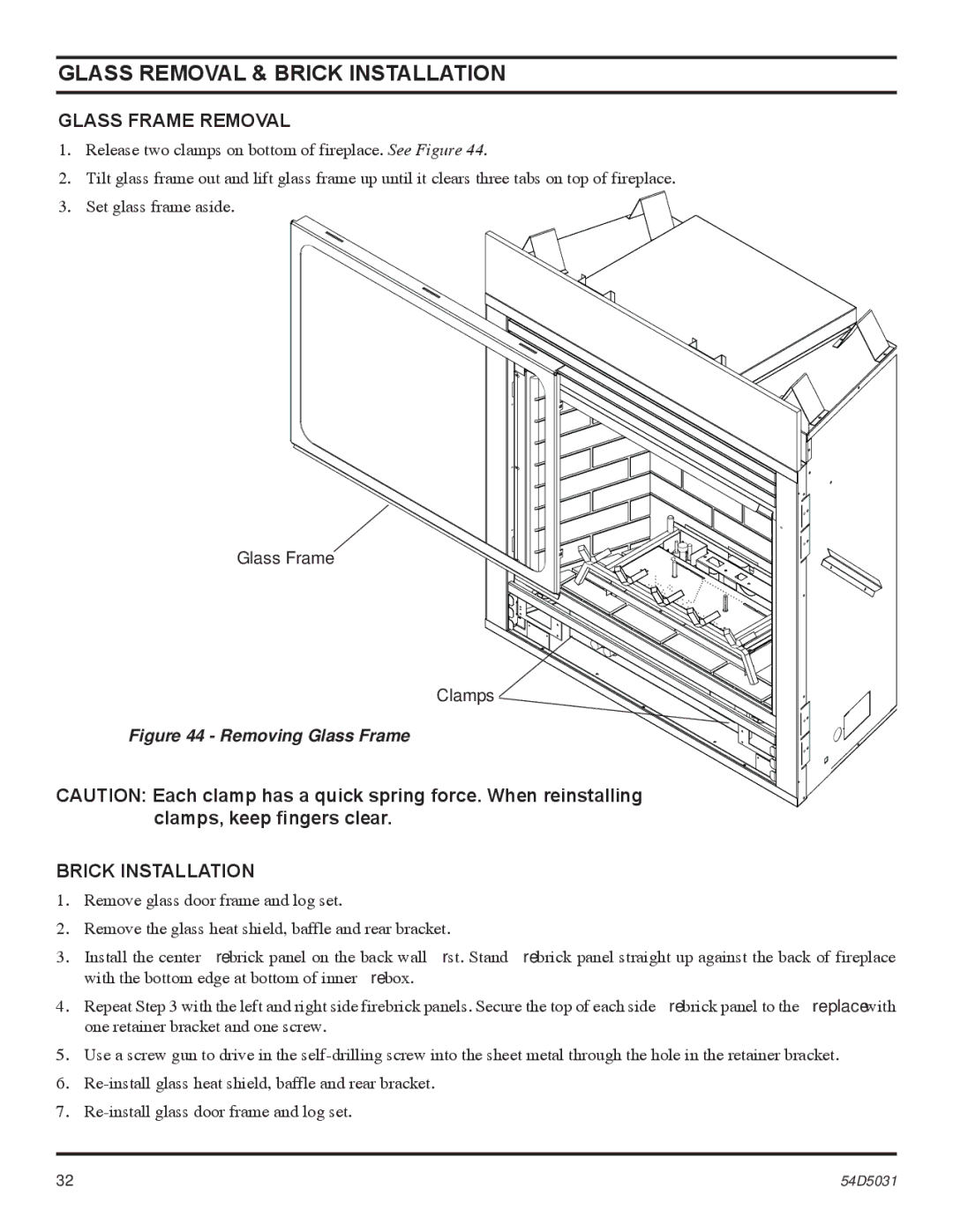 Monessen Hearth HBDV400, HBDV300 manual Glass Removal & Brick Installation, Glass Frame Removal 