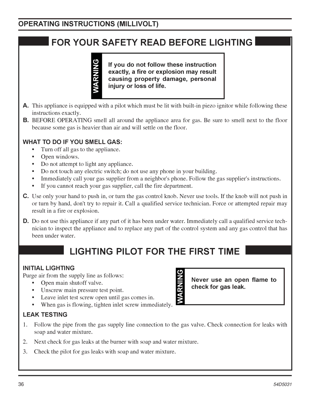 Monessen Hearth HBDV400 Operating Instructions Millivolt, What to do if YOU Smell GAS, Initial Lighting, Leak Testing 