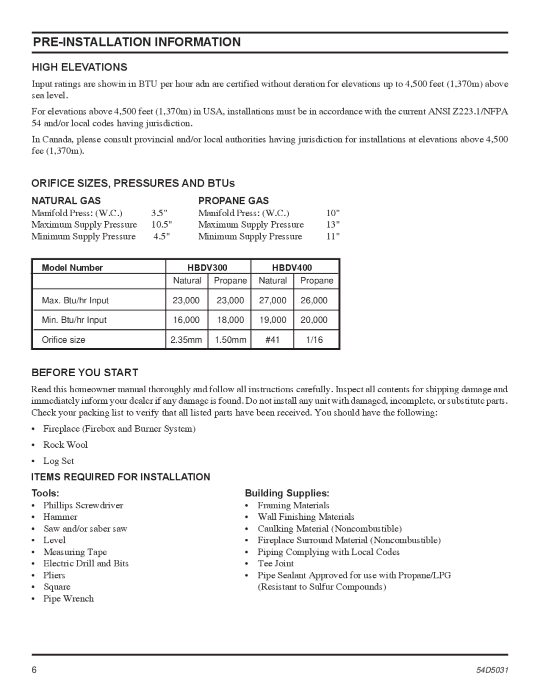 Monessen Hearth HBDV400 PRE-INSTALLATION Information, High Elevations, Orifice SIZES, Pressures and BTUs, Before YOU Start 