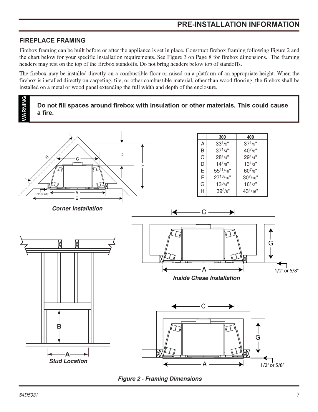 Monessen Hearth HBDV300, HBDV400 manual Fireplace Framing, Framing Dimensions 