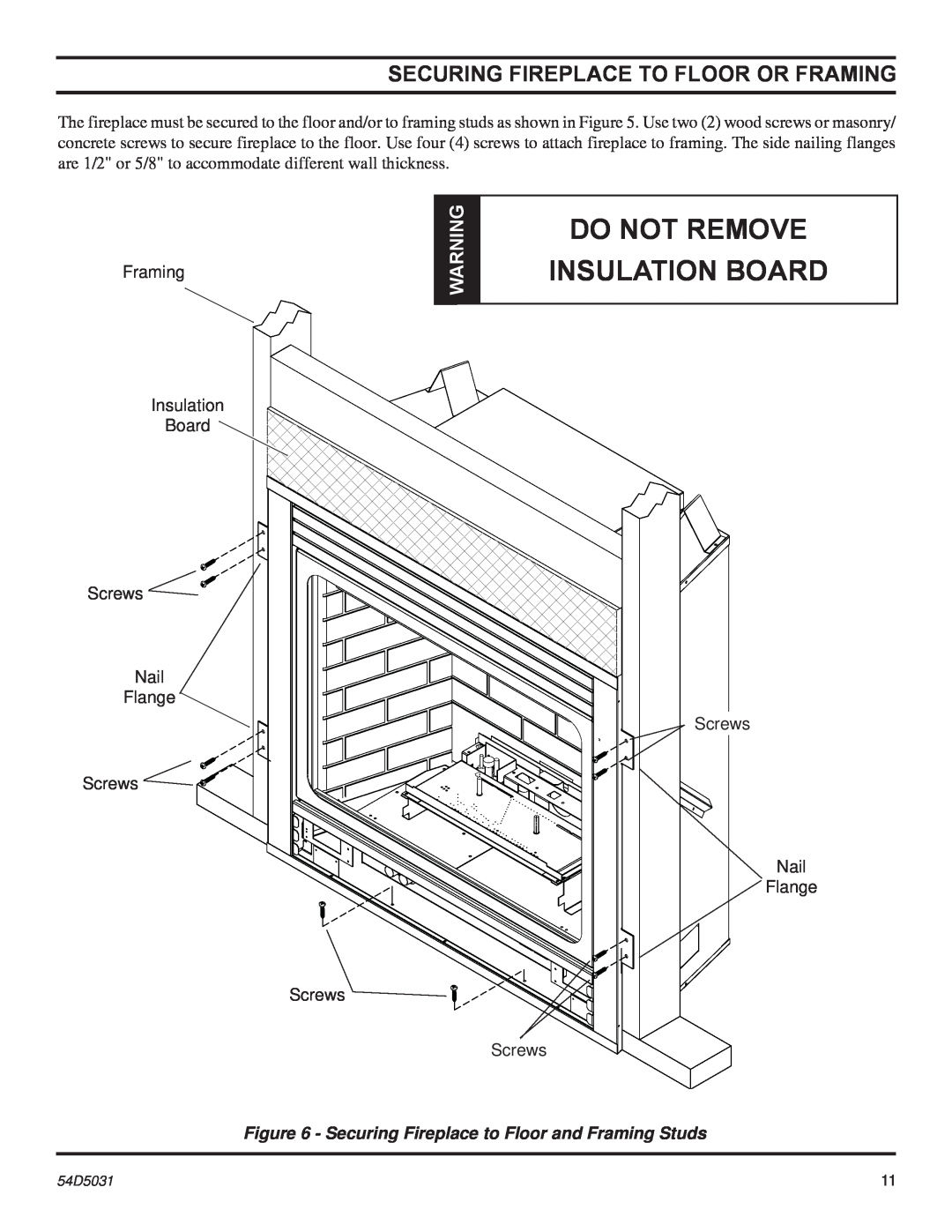 Monessen Hearth HBDV300, HBDV400 manual Do Not Remove, Insulation Board, Securing Fireplace To Floor Or Framing 