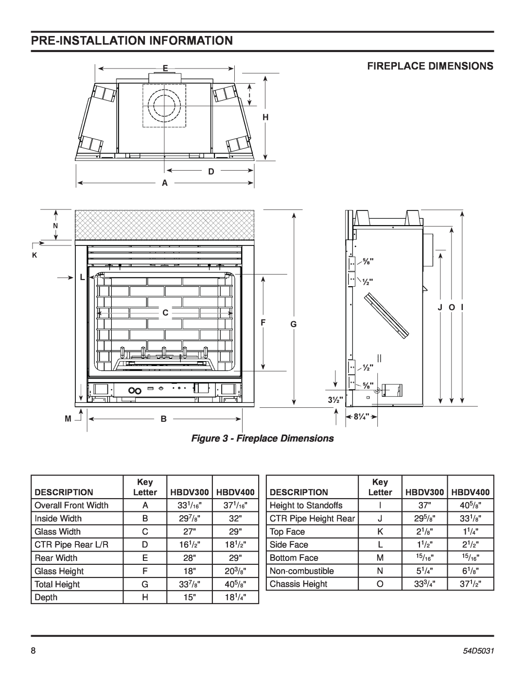 Monessen Hearth HBDV400 Pre-Installationinformation, Fireplace Dimensions, ⅝ ½ C J O F G ½⅝, Description, Letter, HBDV300 