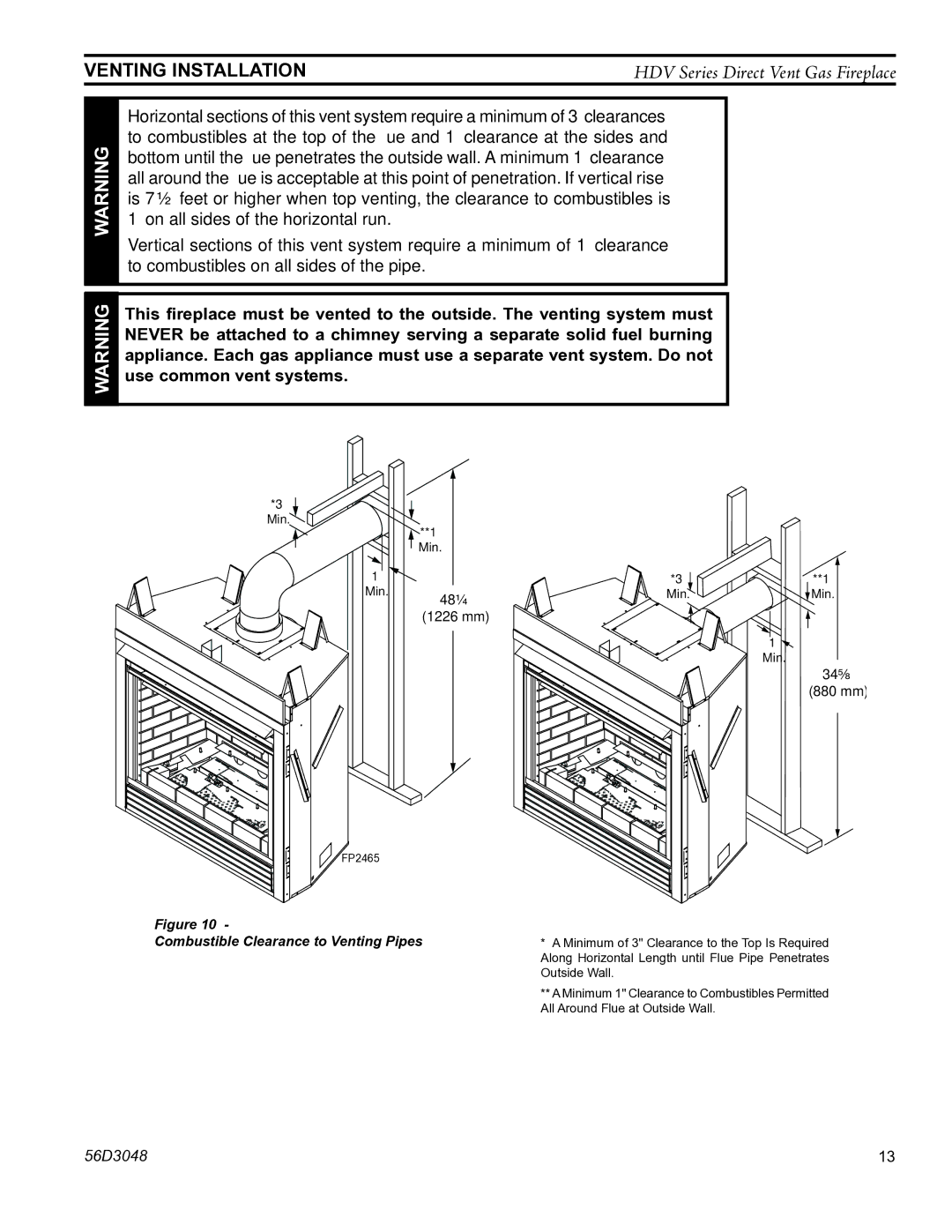 Monessen Hearth HDV500NV/PV manual Venting Installation, Combustible Clearance to Venting Pipes 