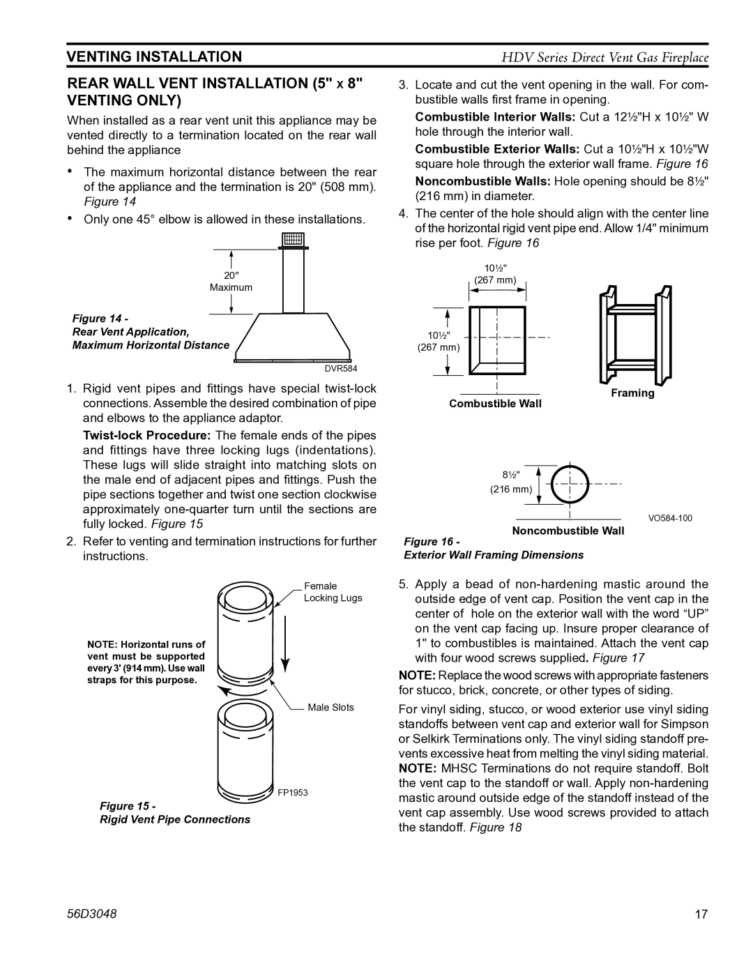 Monessen Hearth HDV500NV/PV manual Rear Wall Vent installation 5 x 8 Venting only 