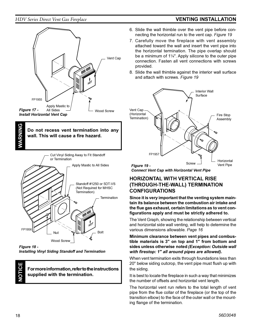 Monessen Hearth HDV500NV/PV manual Do not recess vent termination into any, Wall. This will cause a fire hazard 