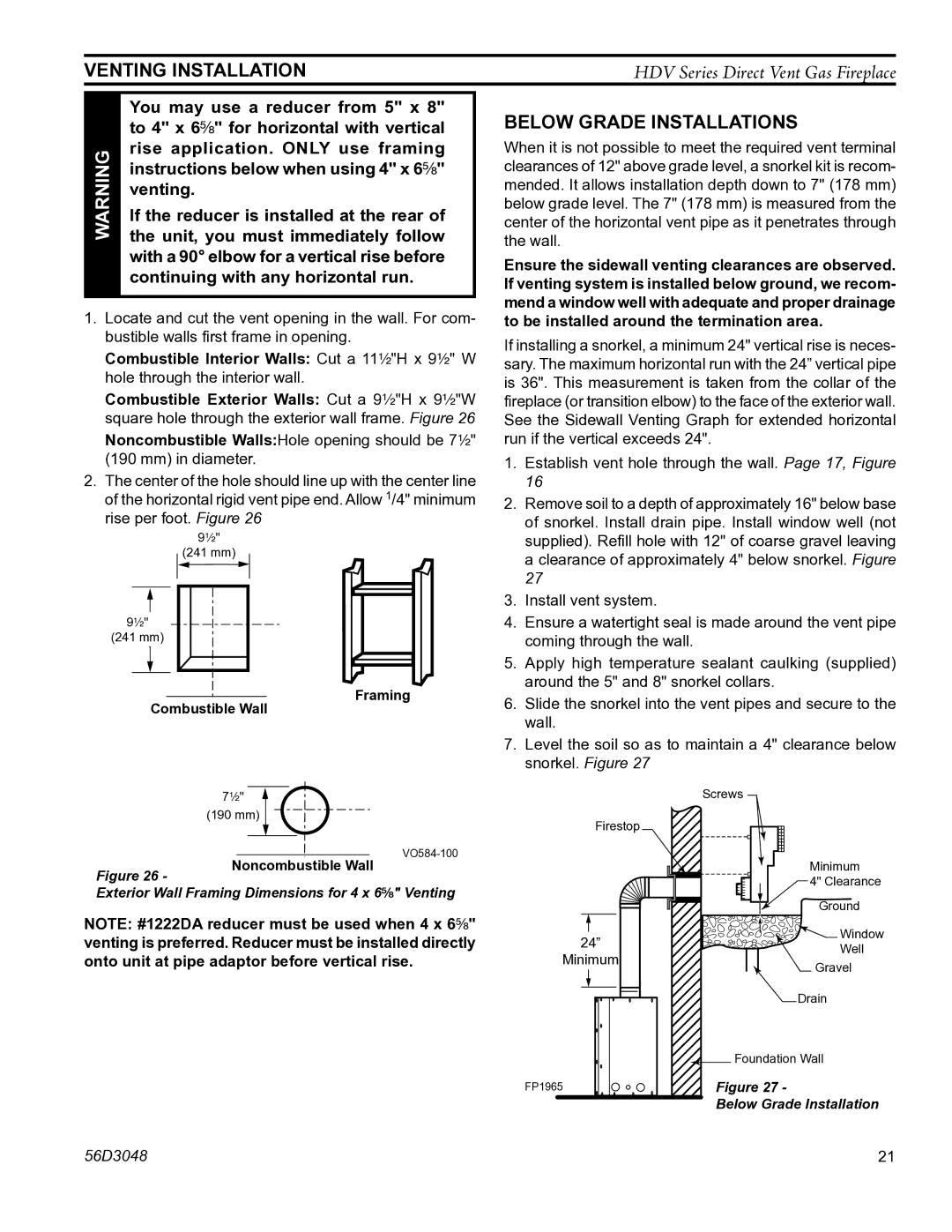 Monessen Hearth HDV500NV/PV manual Below Grade Installations 