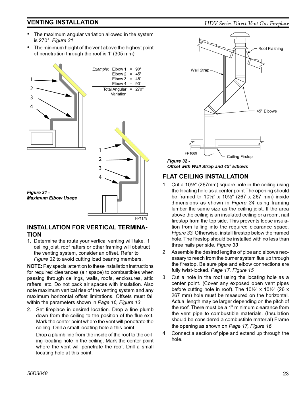 Monessen Hearth HDV500NV/PV manual Flat ceiling installation, Installation for vertical termina- tion 