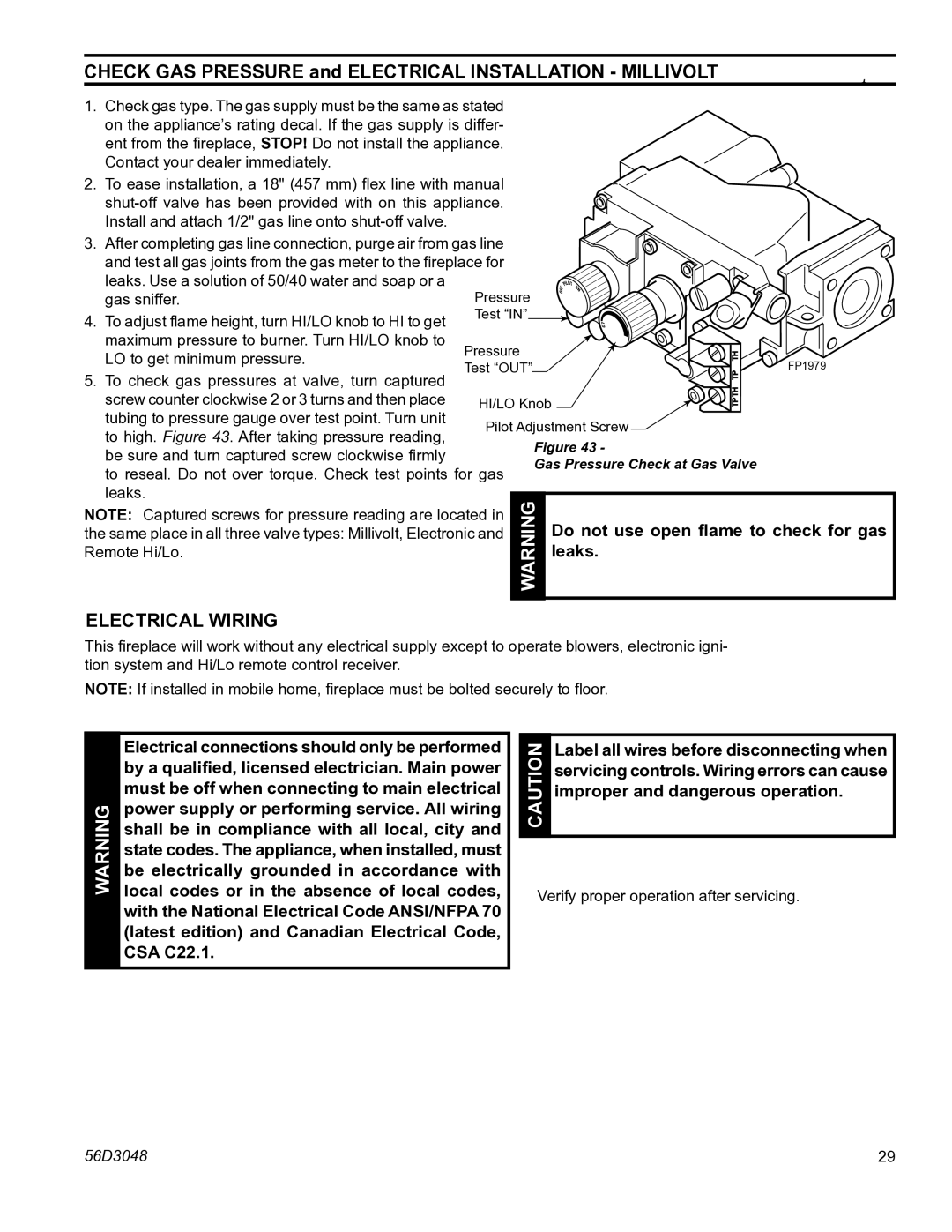 Monessen Hearth HDV500NV/PV manual Check GAS Pressure and Electrical Installation Millivolt, Electrical Wiring, Leaks 